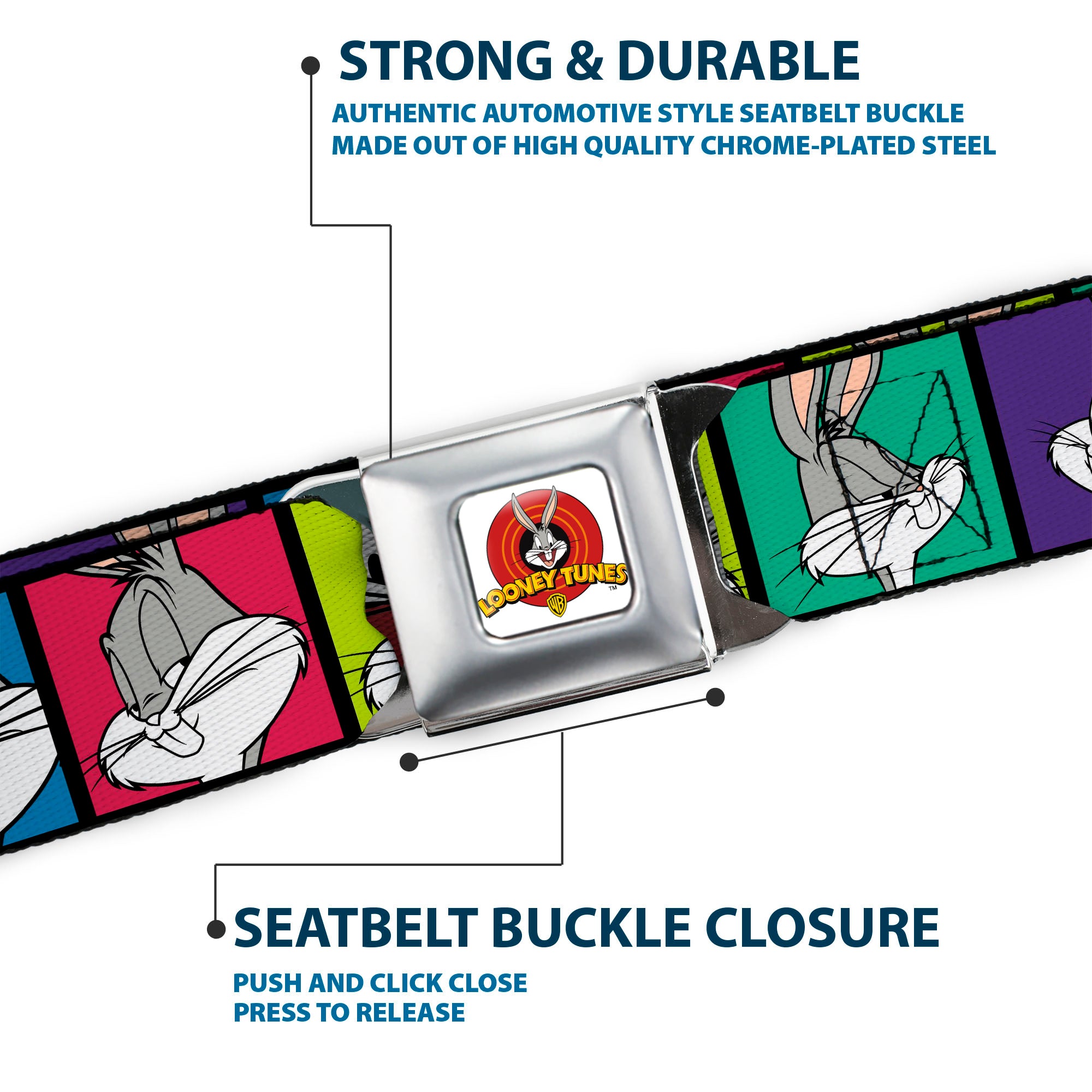 Looney Tunes Logo Full Color White Seatbelt Belt - Bugs Bunny Expression Blocks Multi Color Webbing Seatbelt Belts Looney Tunes