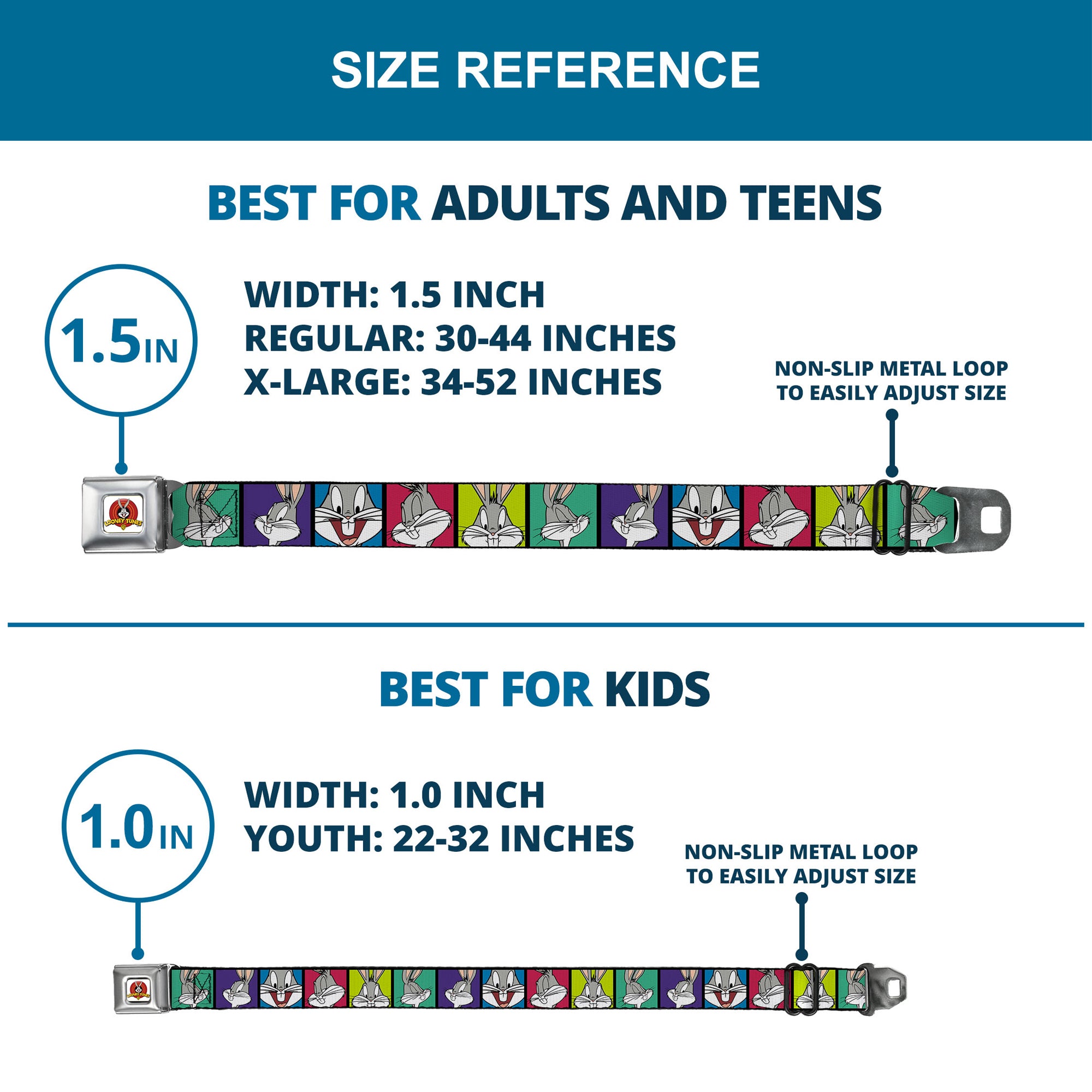 Looney Tunes Logo Full Color White Seatbelt Belt - Bugs Bunny Expression Blocks Multi Color Webbing Seatbelt Belts Looney Tunes