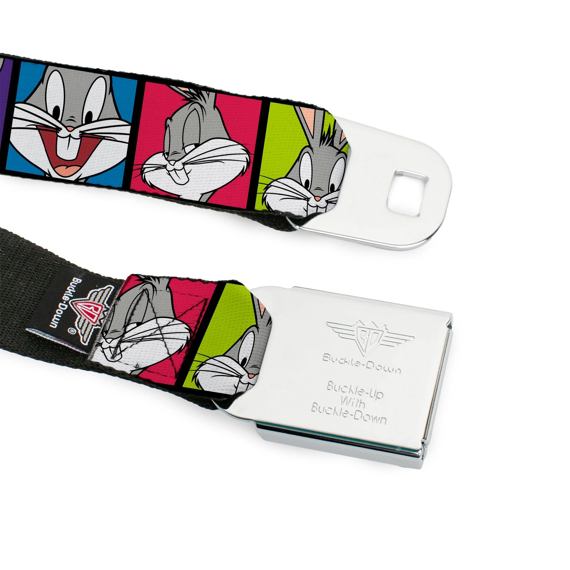 Looney Tunes Logo Full Color White Seatbelt Belt - Bugs Bunny Expression Blocks Multi Color Webbing Seatbelt Belts Looney Tunes