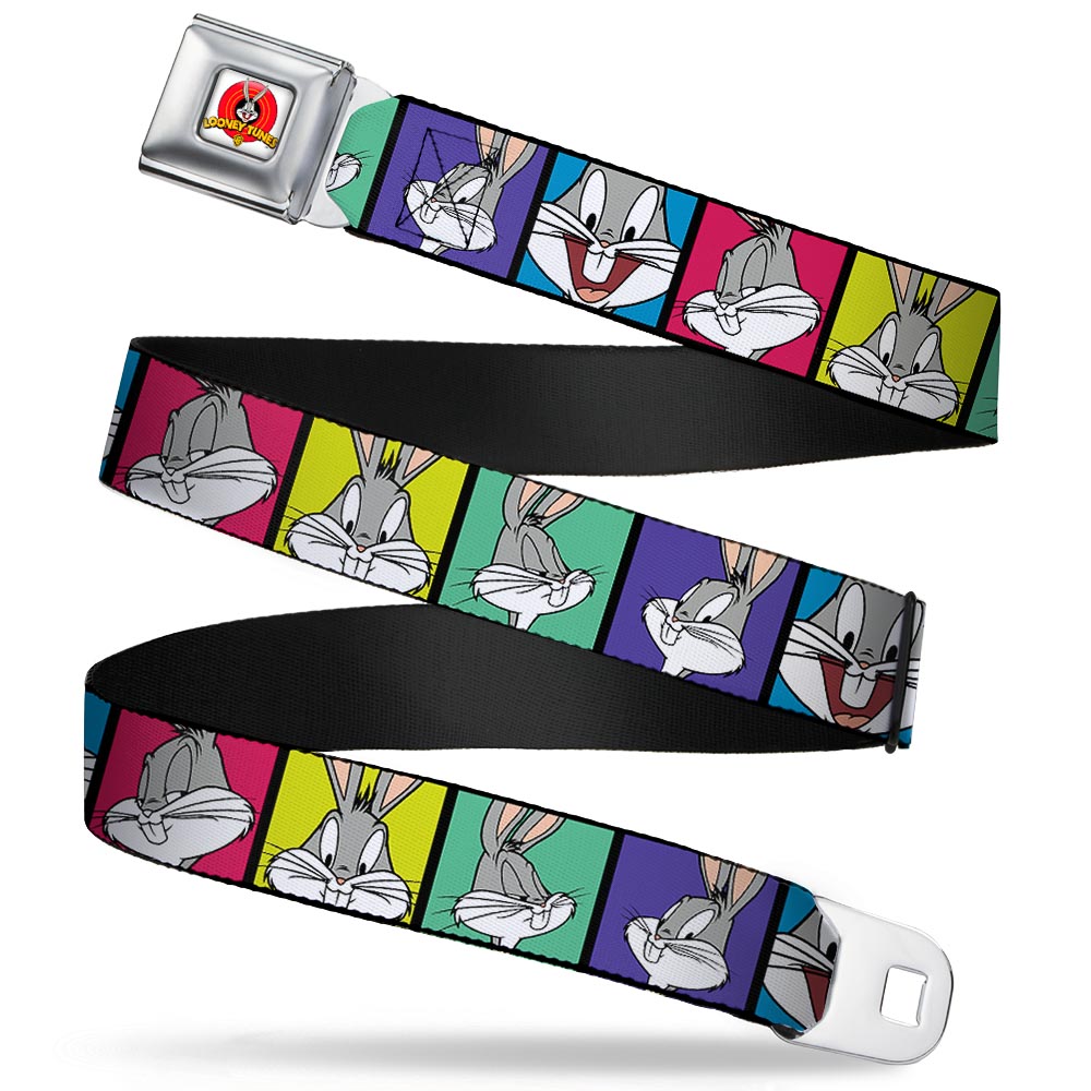 Looney Tunes Logo Full Color White Seatbelt Belt - Bugs Bunny Expression Blocks Multi Color Webbing Seatbelt Belts Looney Tunes