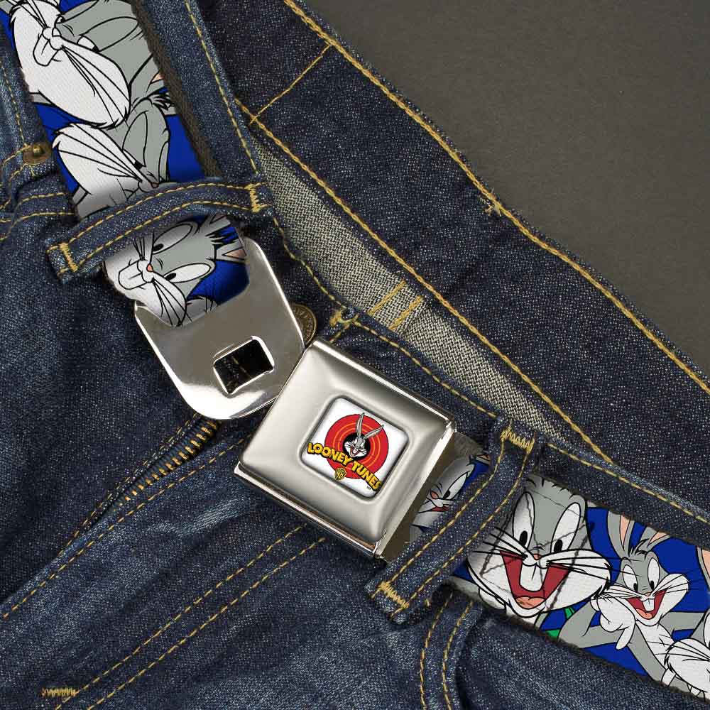 Looney Tunes Logo Full Color White Seatbelt Belt - Bugs Bunny CLOSE-UP Poses Blue Webbing Seatbelt Belts Looney Tunes