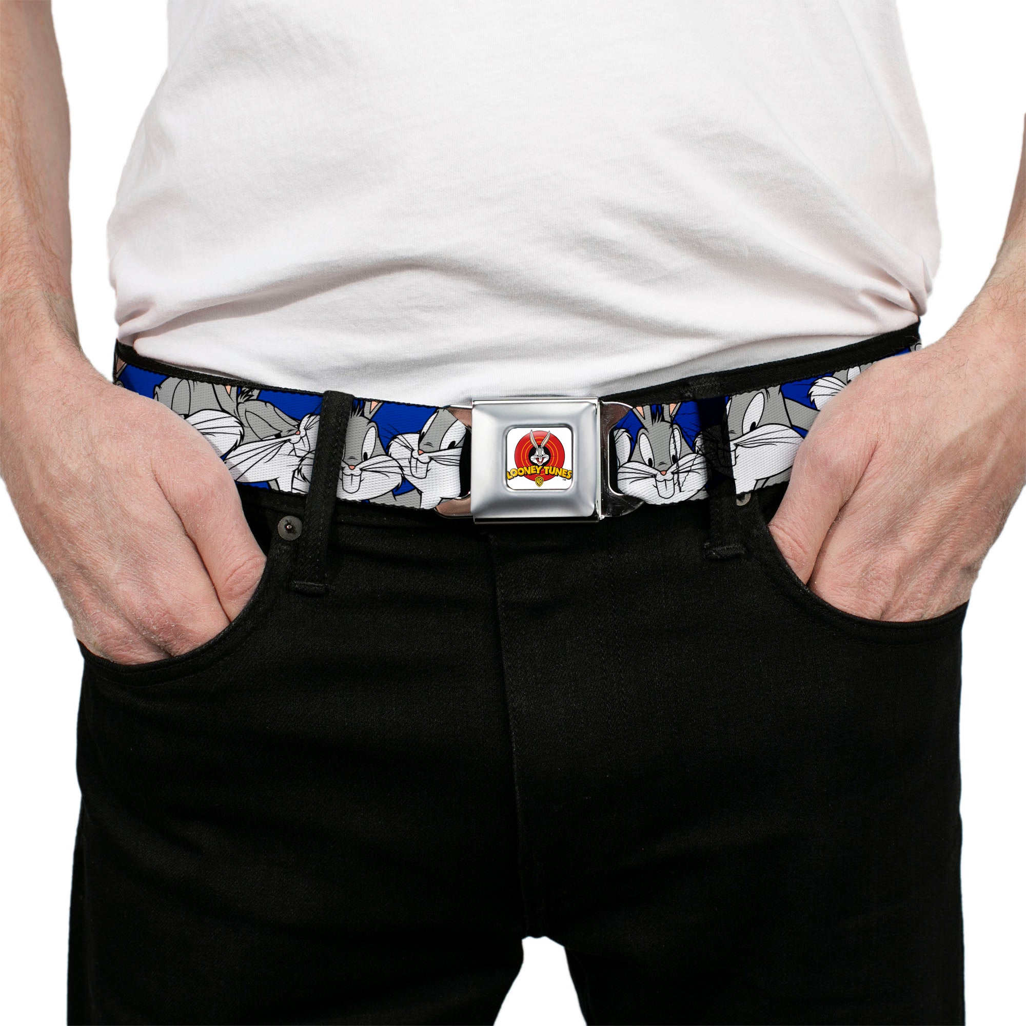 Looney Tunes Logo Full Color White Seatbelt Belt - Bugs Bunny CLOSE-UP Poses Blue Webbing Seatbelt Belts Looney Tunes