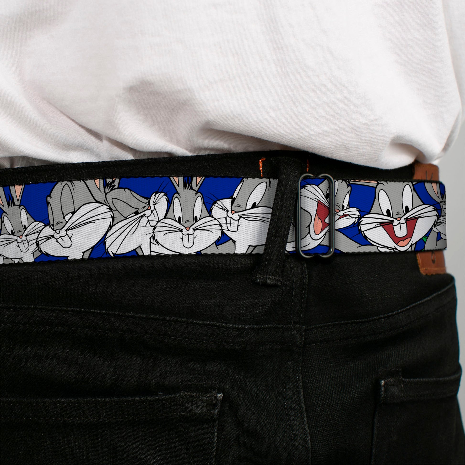 Looney Tunes Logo Full Color White Seatbelt Belt - Bugs Bunny CLOSE-UP Poses Blue Webbing Seatbelt Belts Looney Tunes