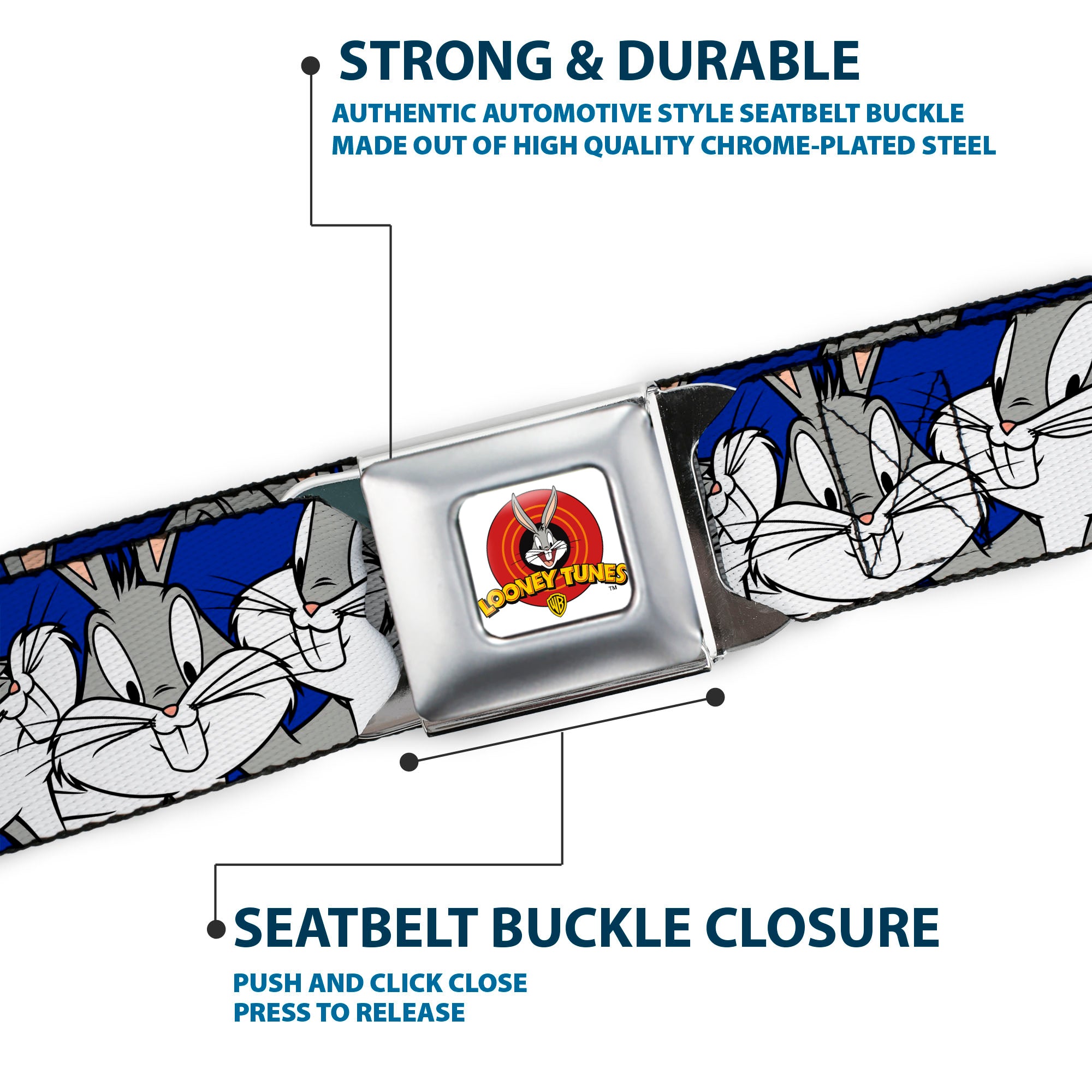 Looney Tunes Logo Full Color White Seatbelt Belt - Bugs Bunny CLOSE-UP Poses Blue Webbing Seatbelt Belts Looney Tunes