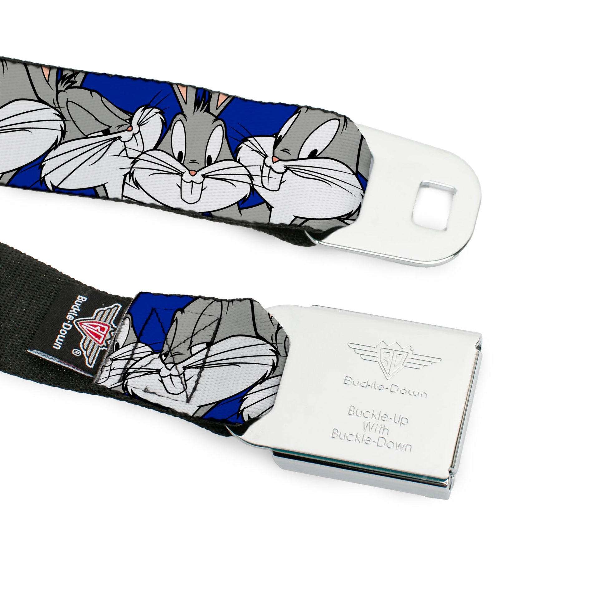 Looney Tunes Logo Full Color White Seatbelt Belt - Bugs Bunny CLOSE-UP Poses Blue Webbing Seatbelt Belts Looney Tunes