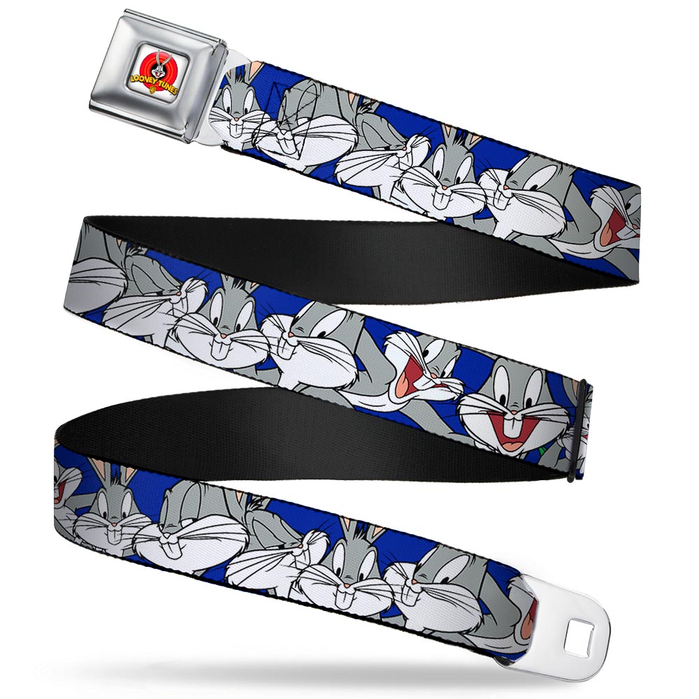Looney Tunes Logo Full Color White Seatbelt Belt - Bugs Bunny CLOSE-UP Poses Blue Webbing Seatbelt Belts Looney Tunes