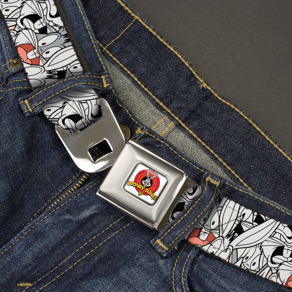Looney Tunes Logo Full Color White Seatbelt Belt - Bugs Bunny Expressions Stacked White/Black/Gray Webbing Seatbelt Belts Looney Tunes