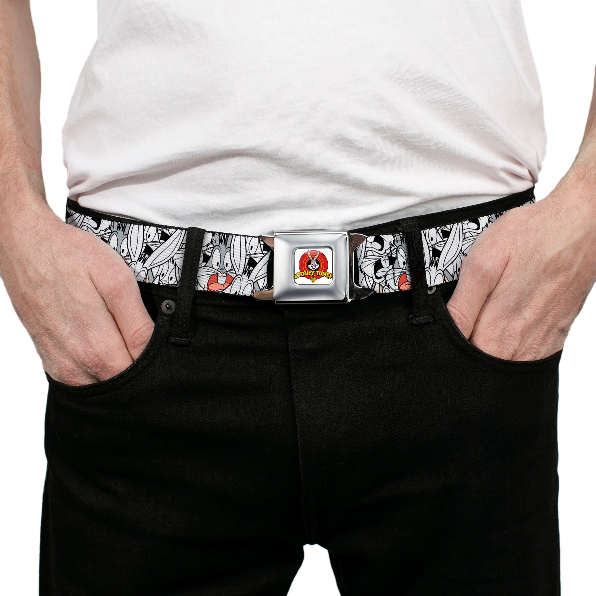Looney Tunes Logo Full Color White Seatbelt Belt - Bugs Bunny Expressions Stacked White/Black/Gray Webbing Seatbelt Belts Looney Tunes