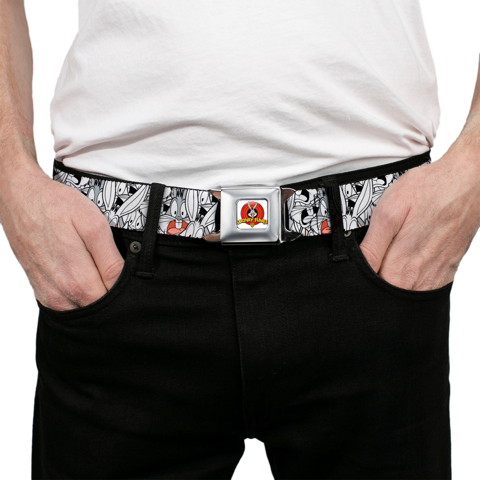 Looney Tunes Logo Full Color White Seatbelt Belt - Bugs Bunny Expressions Stacked White/Black/Gray Webbing Seatbelt Belts Looney Tunes