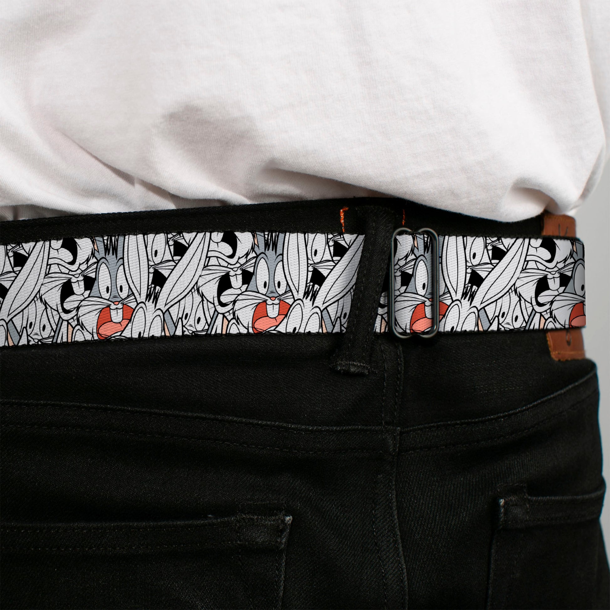 Looney Tunes Logo Full Color White Seatbelt Belt - Bugs Bunny Expressions Stacked White/Black/Gray Webbing Seatbelt Belts Looney Tunes