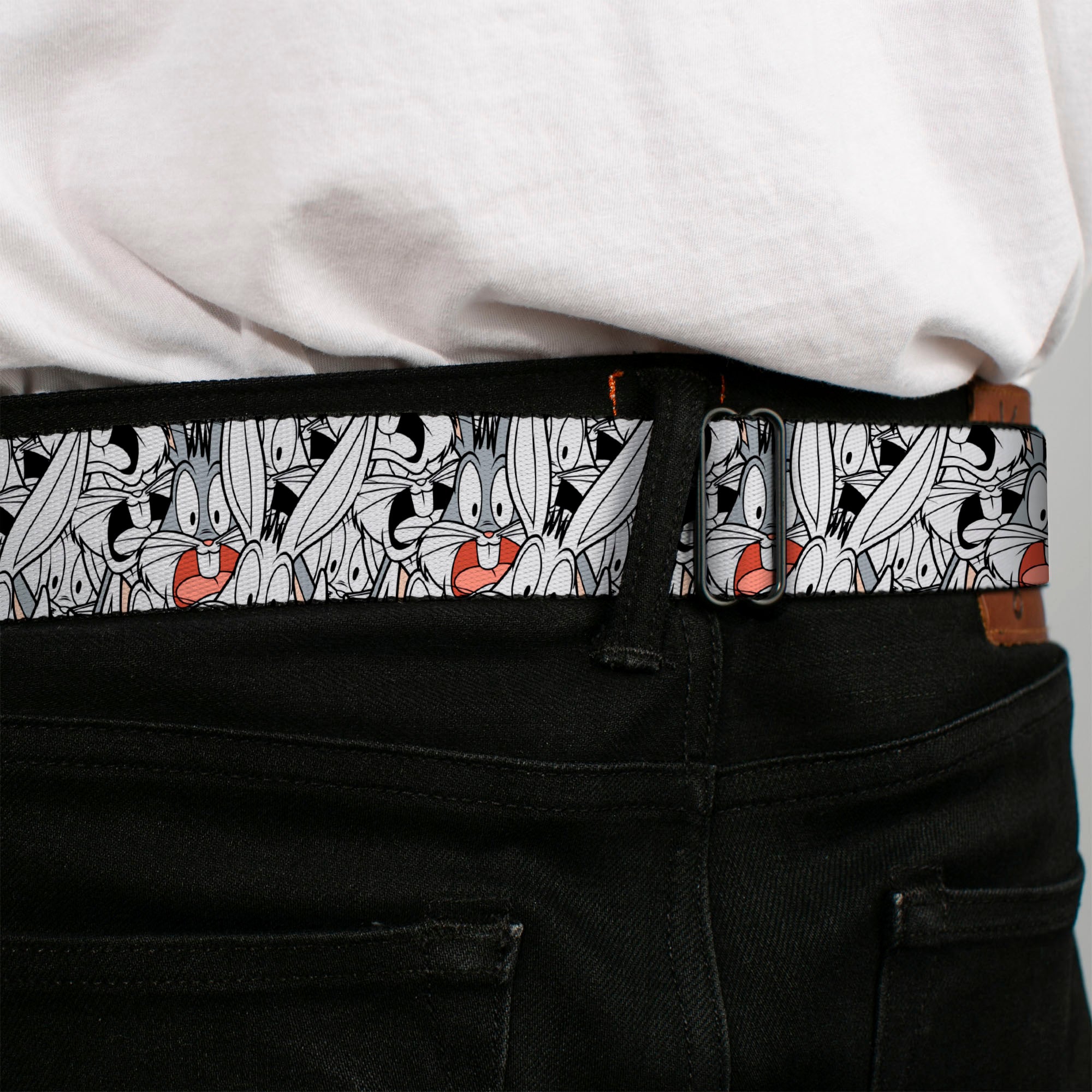 Looney Tunes Logo Full Color White Seatbelt Belt - Bugs Bunny Expressions Stacked White/Black/Gray Webbing Seatbelt Belts Looney Tunes