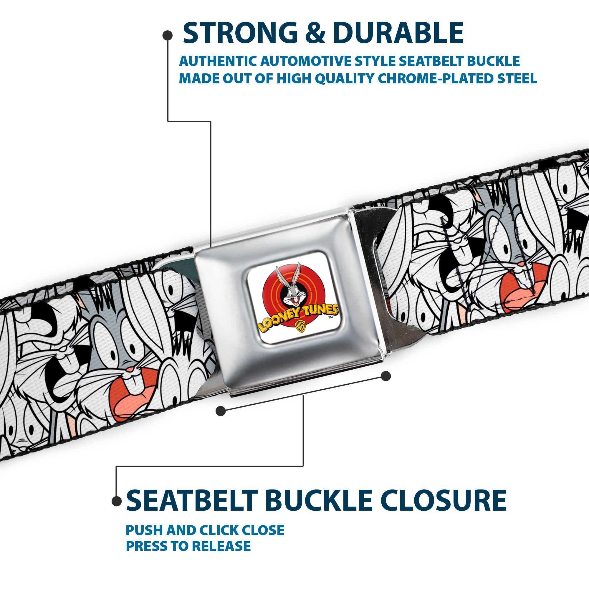 Looney Tunes Logo Full Color White Seatbelt Belt - Bugs Bunny Expressions Stacked White/Black/Gray Webbing Seatbelt Belts Looney Tunes