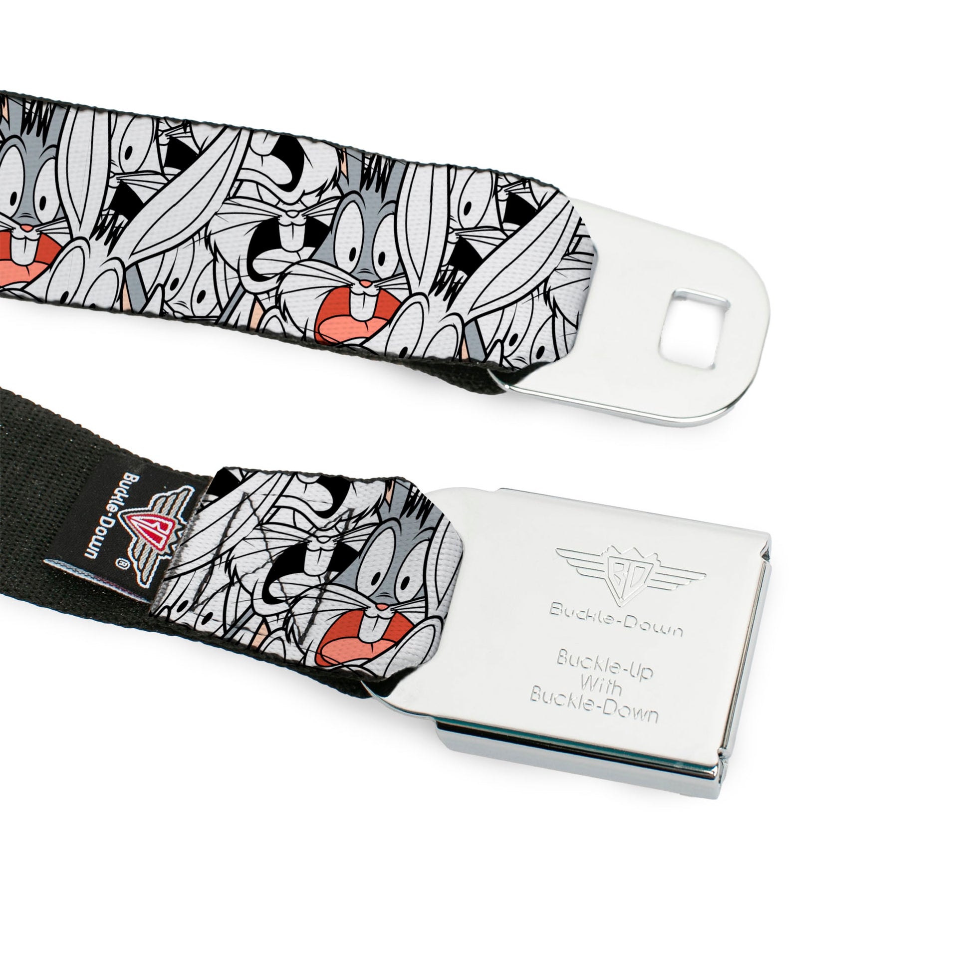 Looney Tunes Logo Full Color White Seatbelt Belt - Bugs Bunny Expressions Stacked White/Black/Gray Webbing Seatbelt Belts Looney Tunes