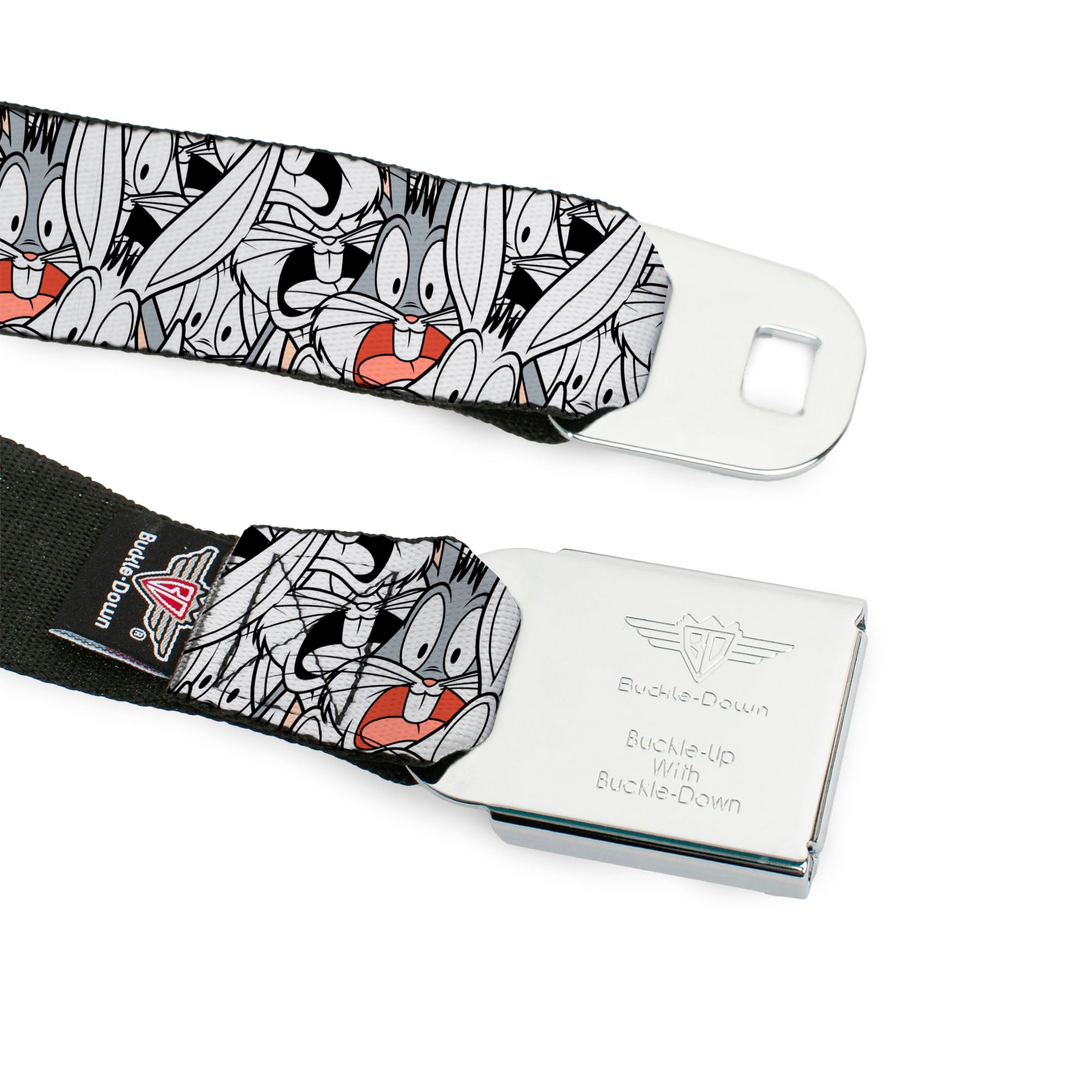 Looney Tunes Logo Full Color White Seatbelt Belt - Bugs Bunny Expressions Stacked White/Black/Gray Webbing Seatbelt Belts Looney Tunes
