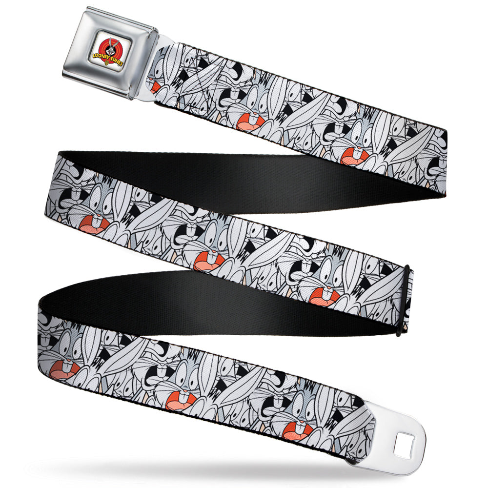 Looney Tunes Logo Full Color White Seatbelt Belt - Bugs Bunny Expressions Stacked White/Black/Gray Webbing Seatbelt Belts Looney Tunes