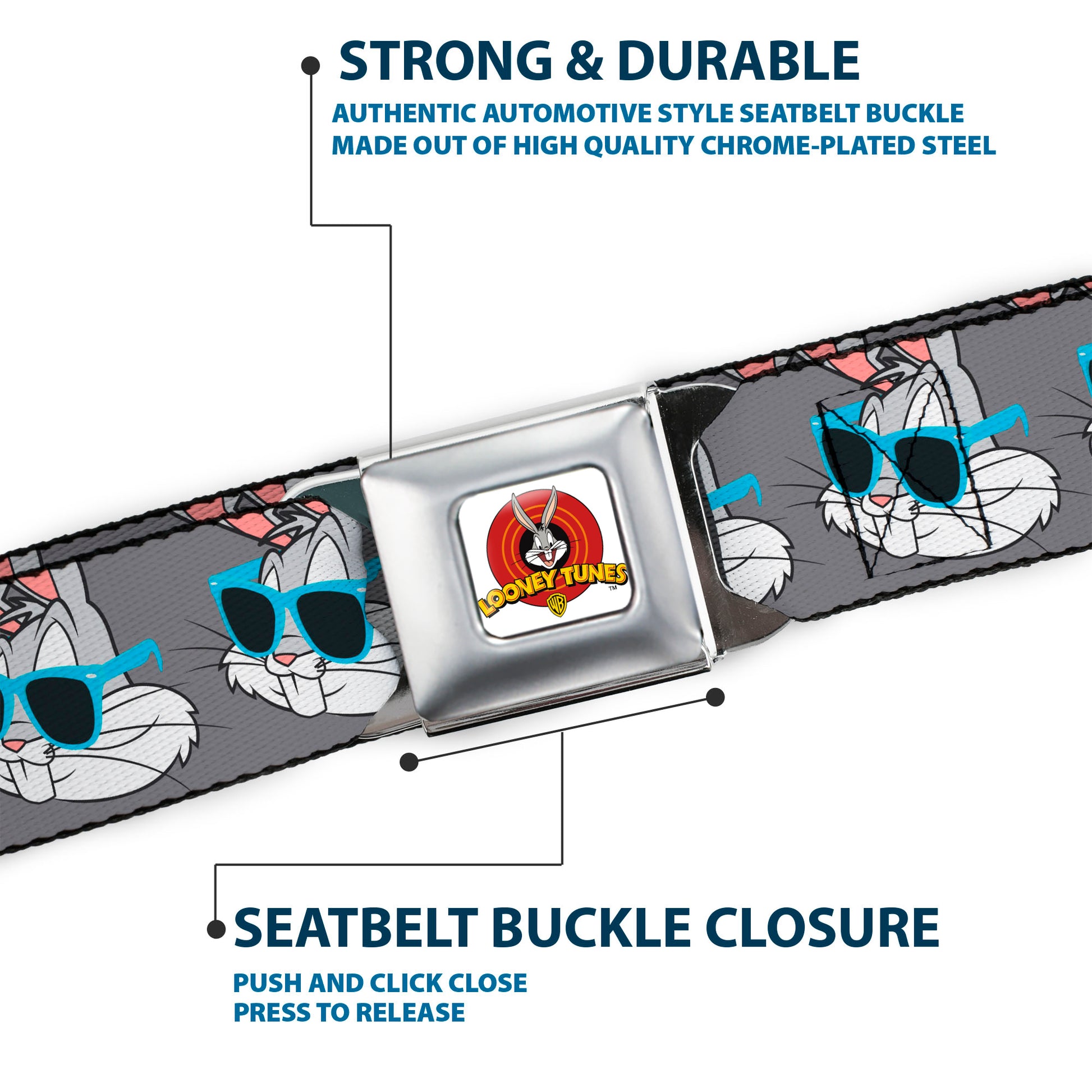 Looney Tunes Logo Full Color White Seatbelt Belt - Bugs Bunny Sunglasses Expression Gray Webbing Seatbelt Belts Looney Tunes