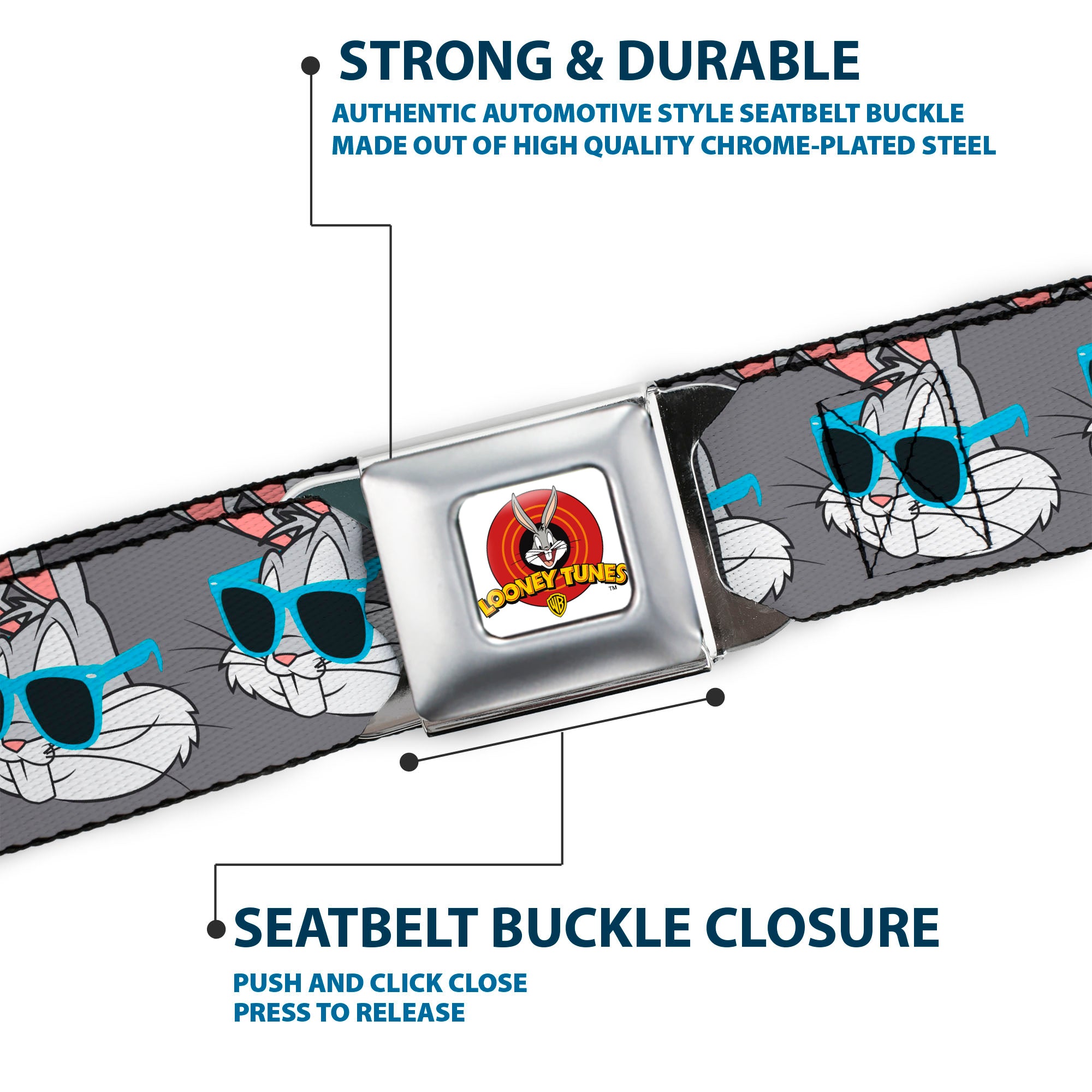 Looney Tunes Logo Full Color White Seatbelt Belt - Bugs Bunny Sunglasses Expression Gray Webbing Seatbelt Belts Looney Tunes