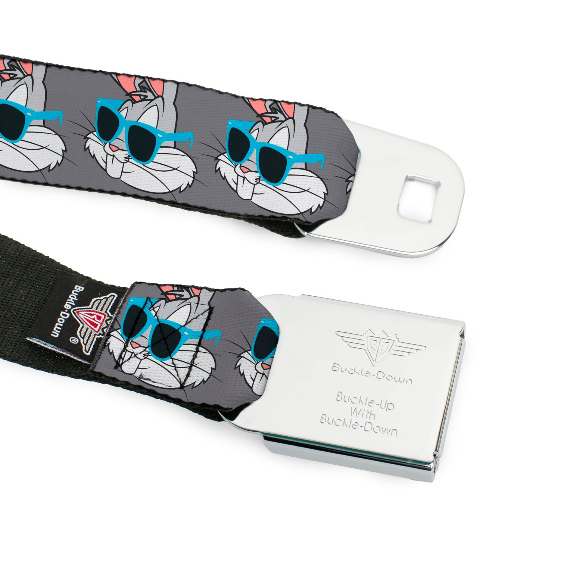 Looney Tunes Logo Full Color White Seatbelt Belt - Bugs Bunny Sunglasses Expression Gray Webbing Seatbelt Belts Looney Tunes