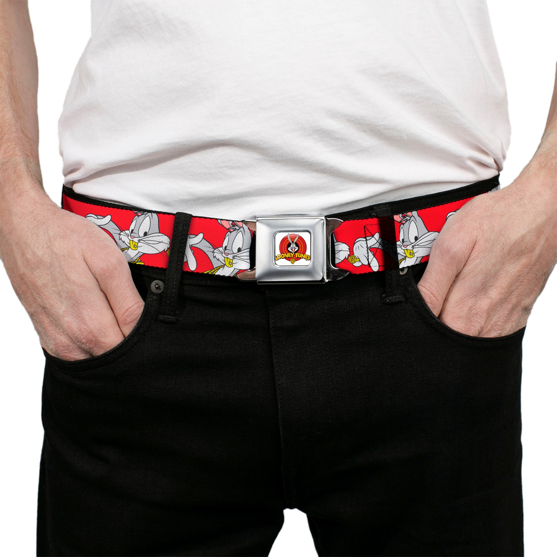Looney Tunes Logo Full Color White Seatbelt Belt - Bugs Bunny Hip Hop Pose Red Webbing Seatbelt Belts Looney Tunes