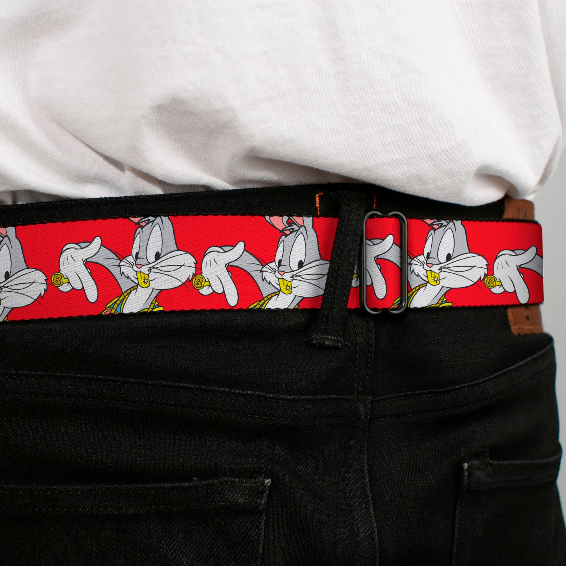 Looney Tunes Logo Full Color White Seatbelt Belt - Bugs Bunny Hip Hop Pose Red Webbing Seatbelt Belts Looney Tunes
