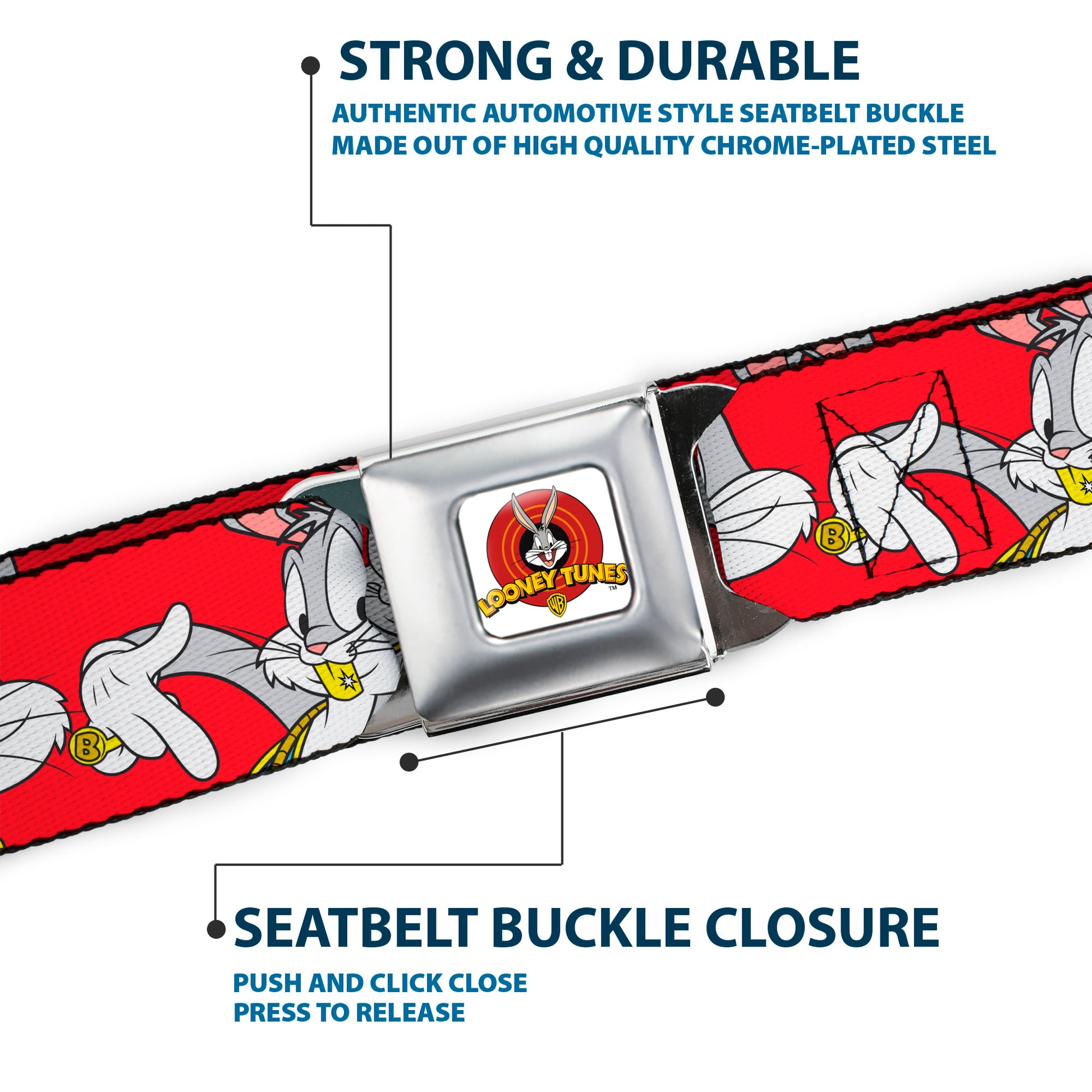 Looney Tunes Logo Full Color White Seatbelt Belt - Bugs Bunny Hip Hop Pose Red Webbing Seatbelt Belts Looney Tunes