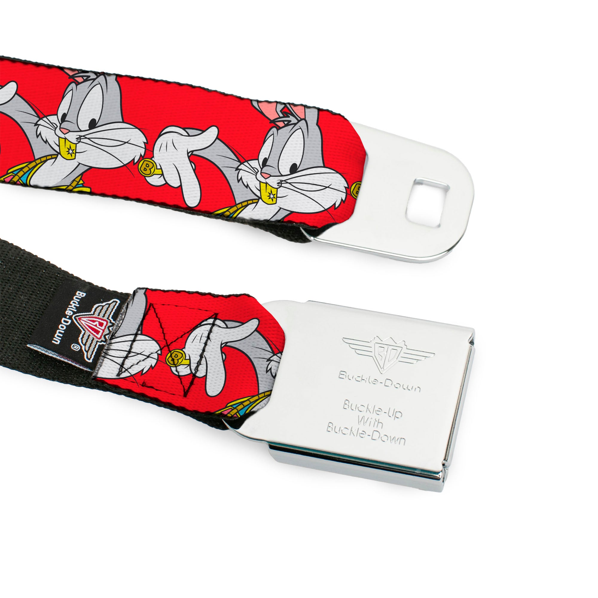 Looney Tunes Logo Full Color White Seatbelt Belt - Bugs Bunny Hip Hop Pose Red Webbing Seatbelt Belts Looney Tunes