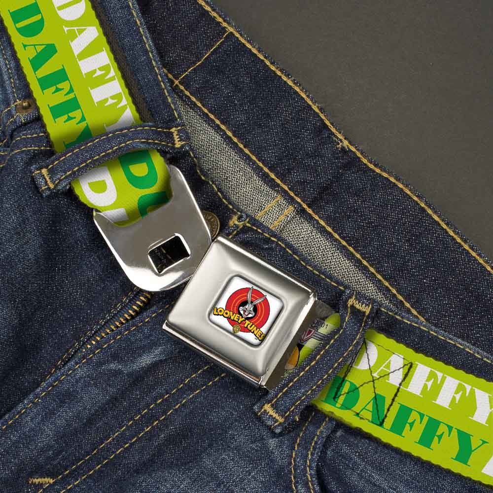 Looney Tunes Logo Full Color White Seatbelt Belt - DAFFY DUCK w/Face CLOSE-UP Greens Webbing Seatbelt Belts Looney Tunes