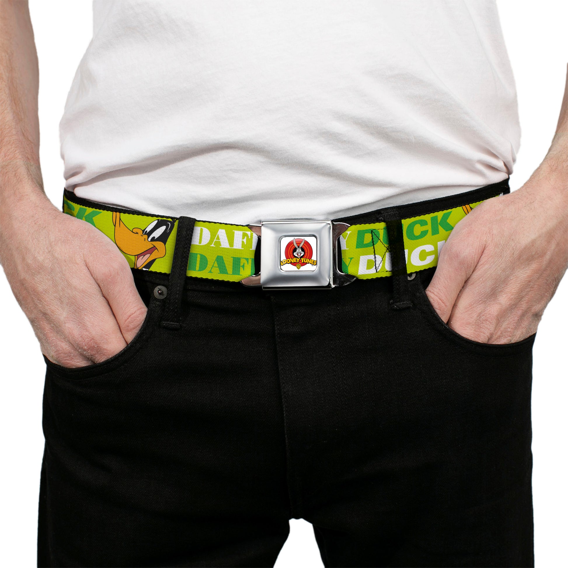 Looney Tunes Logo Full Color White Seatbelt Belt - DAFFY DUCK w/Face CLOSE-UP Greens Webbing Seatbelt Belts Looney Tunes