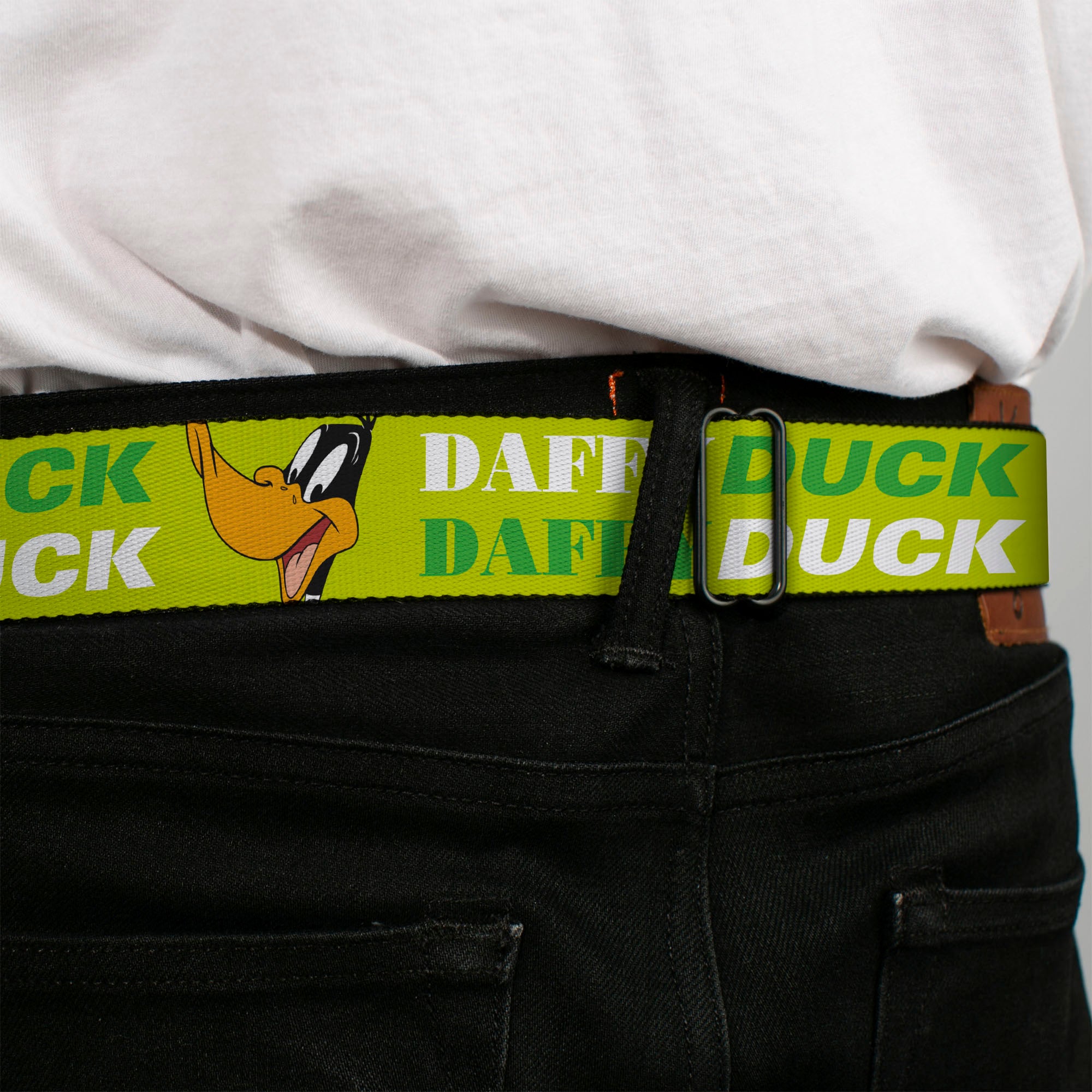 Looney Tunes Logo Full Color White Seatbelt Belt - DAFFY DUCK w/Face CLOSE-UP Greens Webbing Seatbelt Belts Looney Tunes