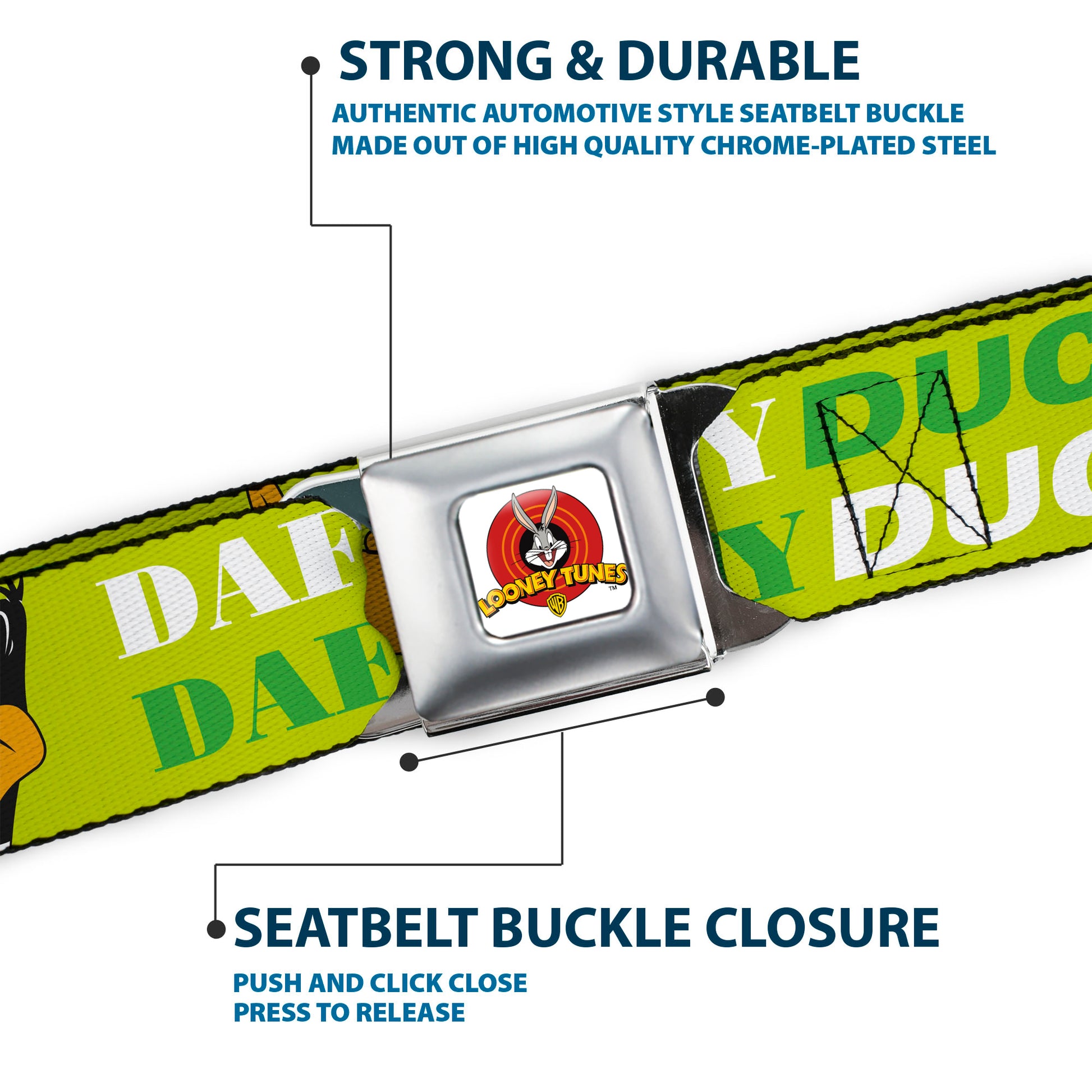 Looney Tunes Logo Full Color White Seatbelt Belt - DAFFY DUCK w/Face CLOSE-UP Greens Webbing Seatbelt Belts Looney Tunes