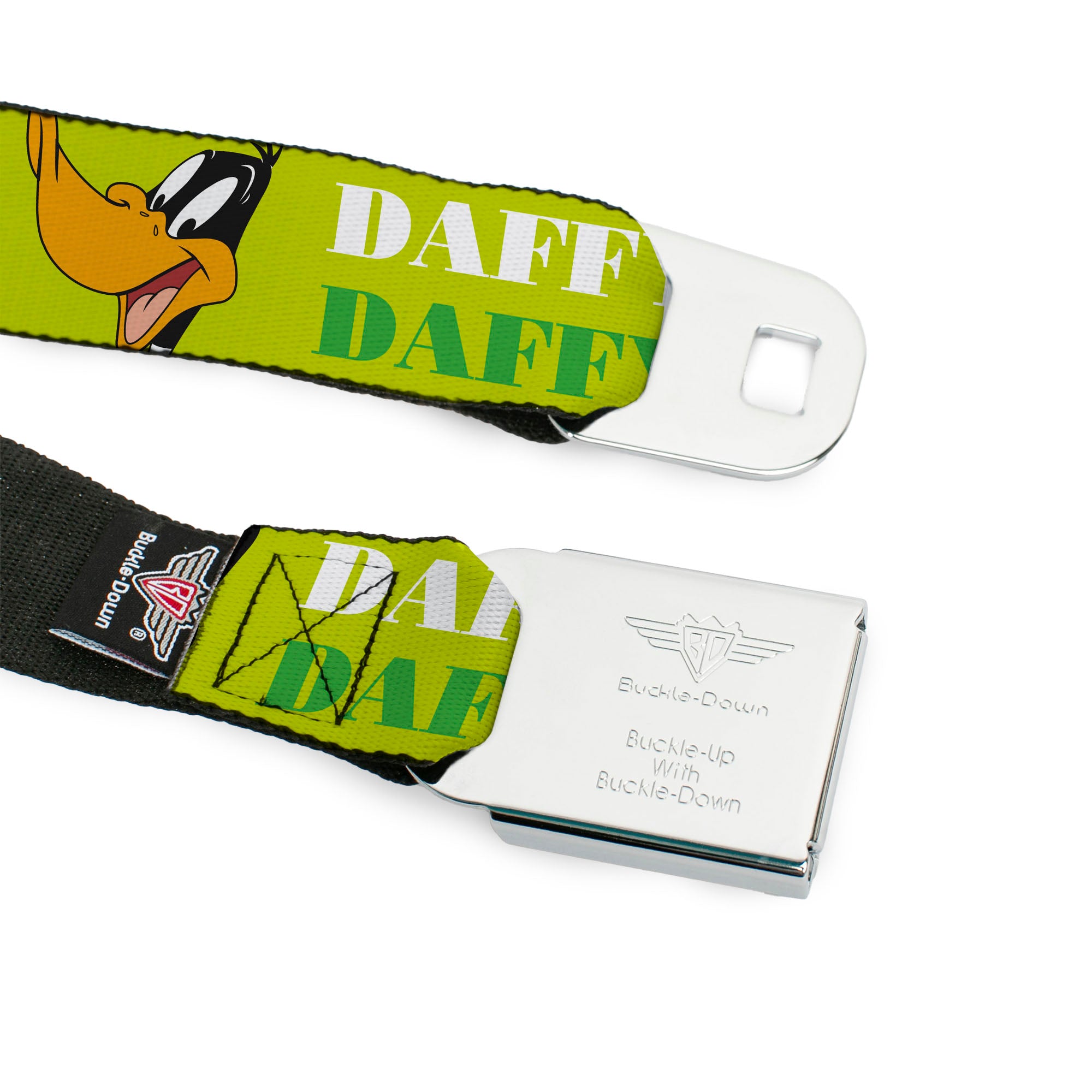Looney Tunes Logo Full Color White Seatbelt Belt - DAFFY DUCK w/Face CLOSE-UP Greens Webbing Seatbelt Belts Looney Tunes