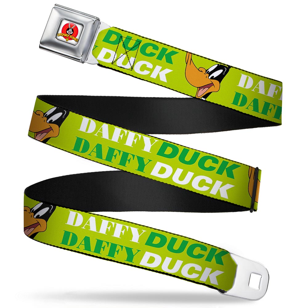 Looney Tunes Logo Full Color White Seatbelt Belt - DAFFY DUCK w/Face CLOSE-UP Greens Webbing Seatbelt Belts Looney Tunes