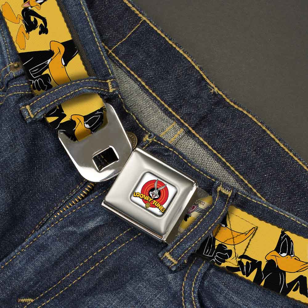 Looney Tunes Logo Full Color White Seatbelt Belt - DAFFY DUCK w/Poses Yellow/Black Webbing Seatbelt Belts Looney Tunes