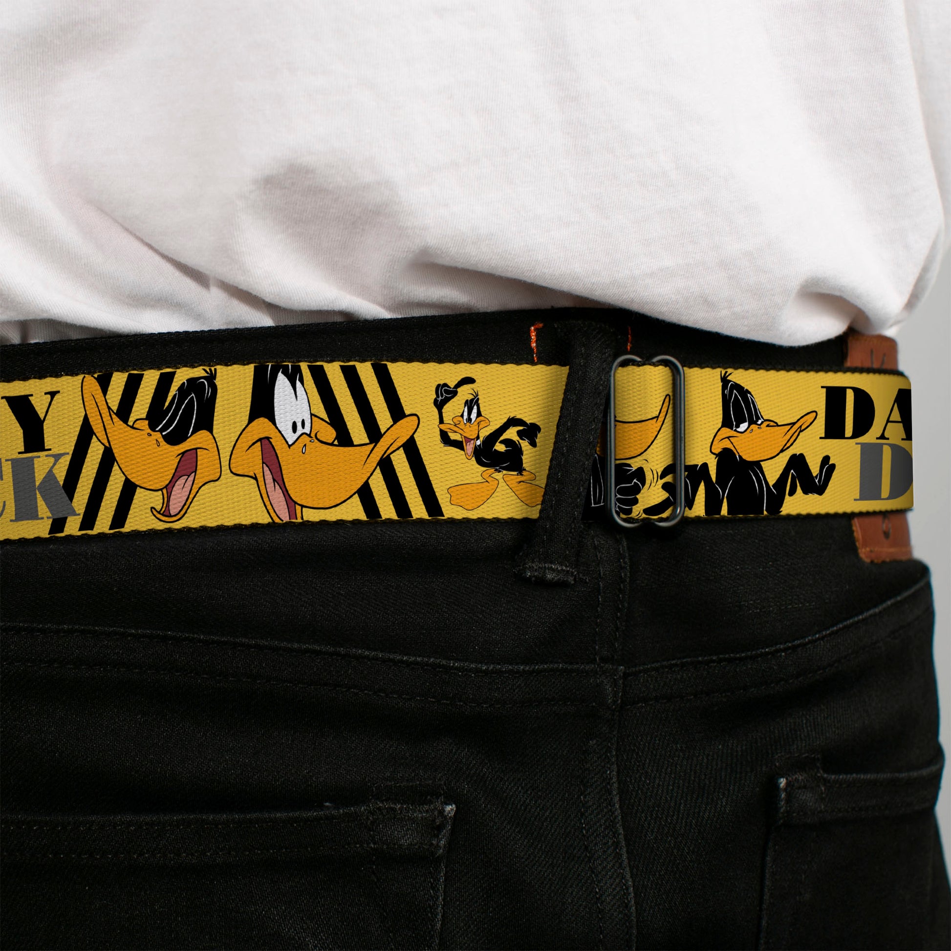 Looney Tunes Logo Full Color White Seatbelt Belt - DAFFY DUCK w/Poses Yellow/Black Webbing Seatbelt Belts Looney Tunes