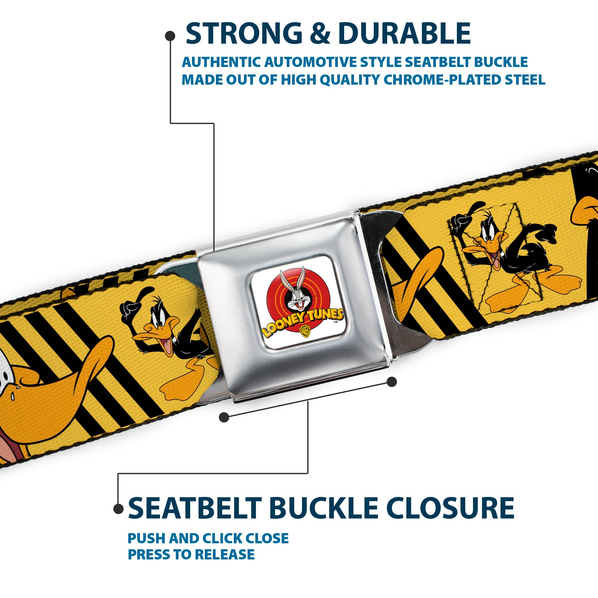 Looney Tunes Logo Full Color White Seatbelt Belt - DAFFY DUCK w/Poses Yellow/Black Webbing Seatbelt Belts Looney Tunes
