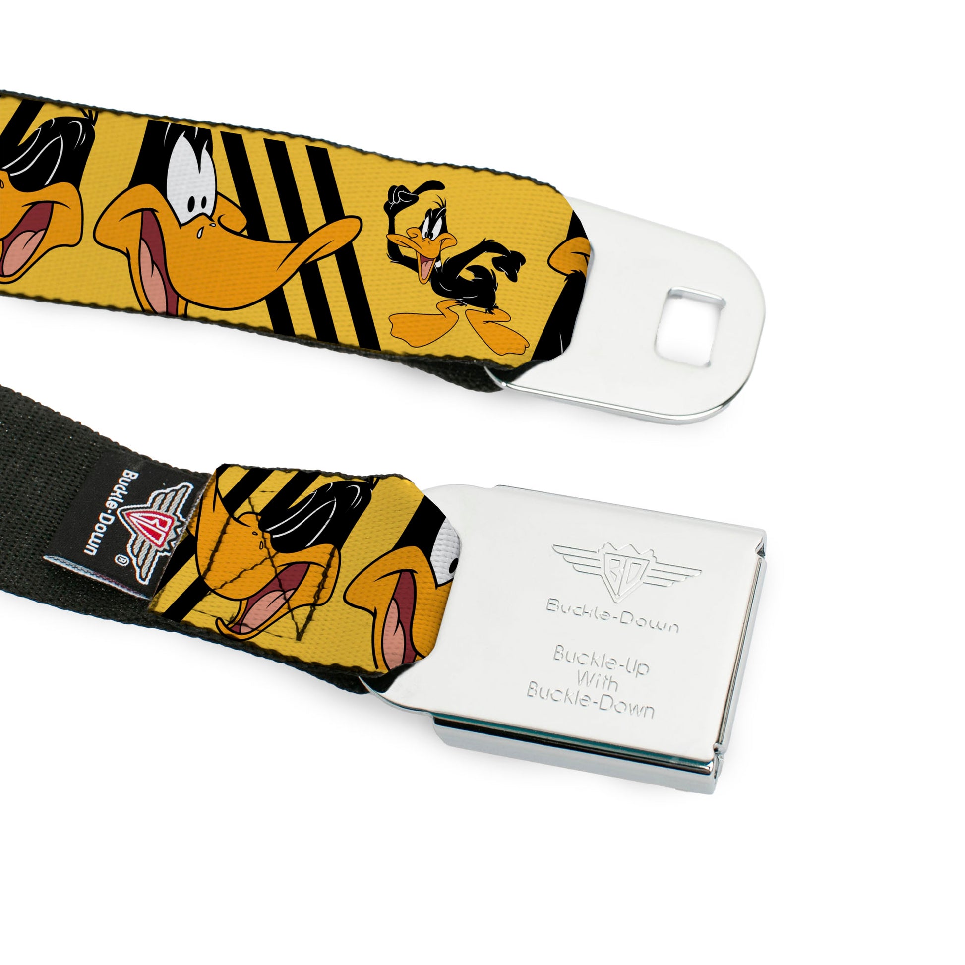 Looney Tunes Logo Full Color White Seatbelt Belt - DAFFY DUCK w/Poses Yellow/Black Webbing Seatbelt Belts Looney Tunes