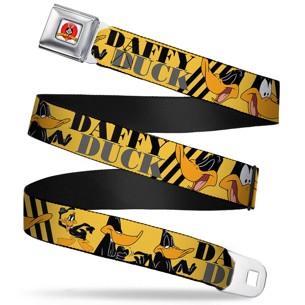 Looney Tunes Logo Full Color White Seatbelt Belt - DAFFY DUCK w/Poses Yellow/Black Webbing Seatbelt Belts Looney Tunes