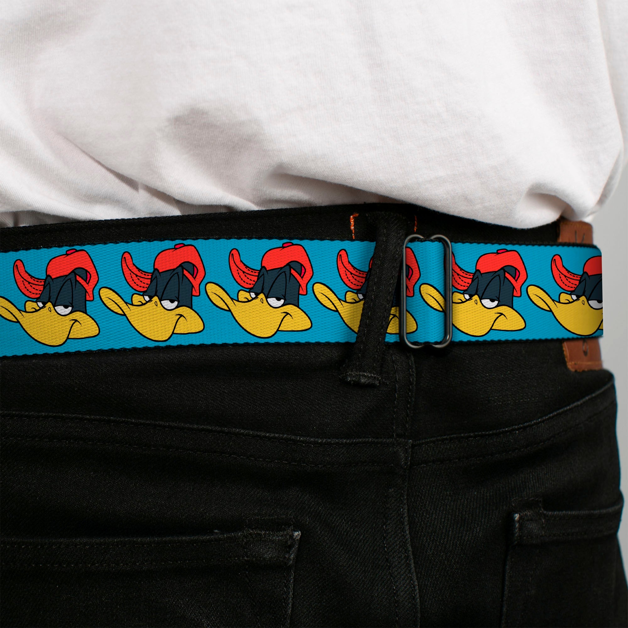 Looney Tunes Logo Full Color White Seatbelt Belt - Daffy Duck Hip Hop Expression Turquoise Webbing Seatbelt Belts Looney Tunes