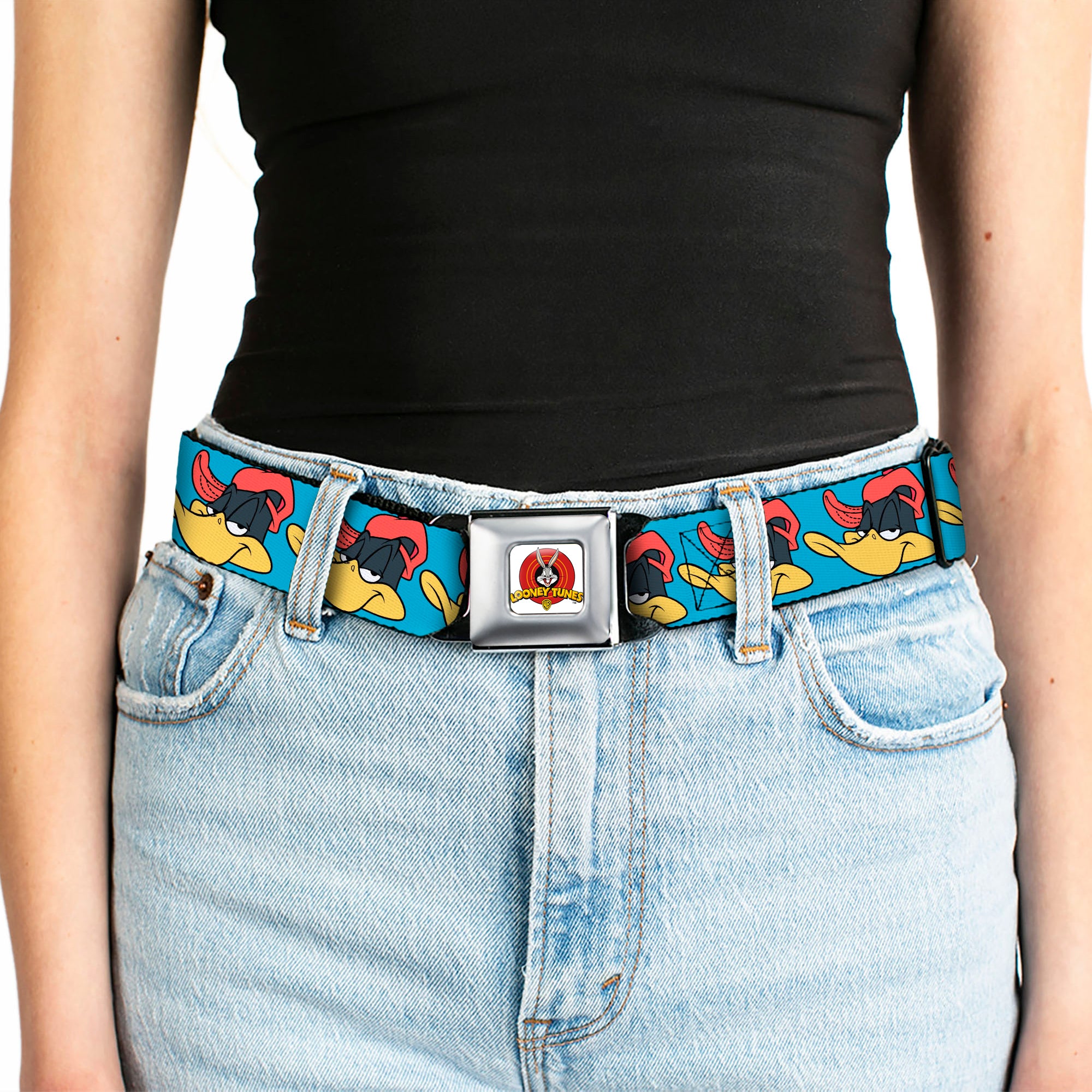 Looney Tunes Logo Full Color White Seatbelt Belt - Daffy Duck Hip Hop Expression Turquoise Webbing Seatbelt Belts Looney Tunes