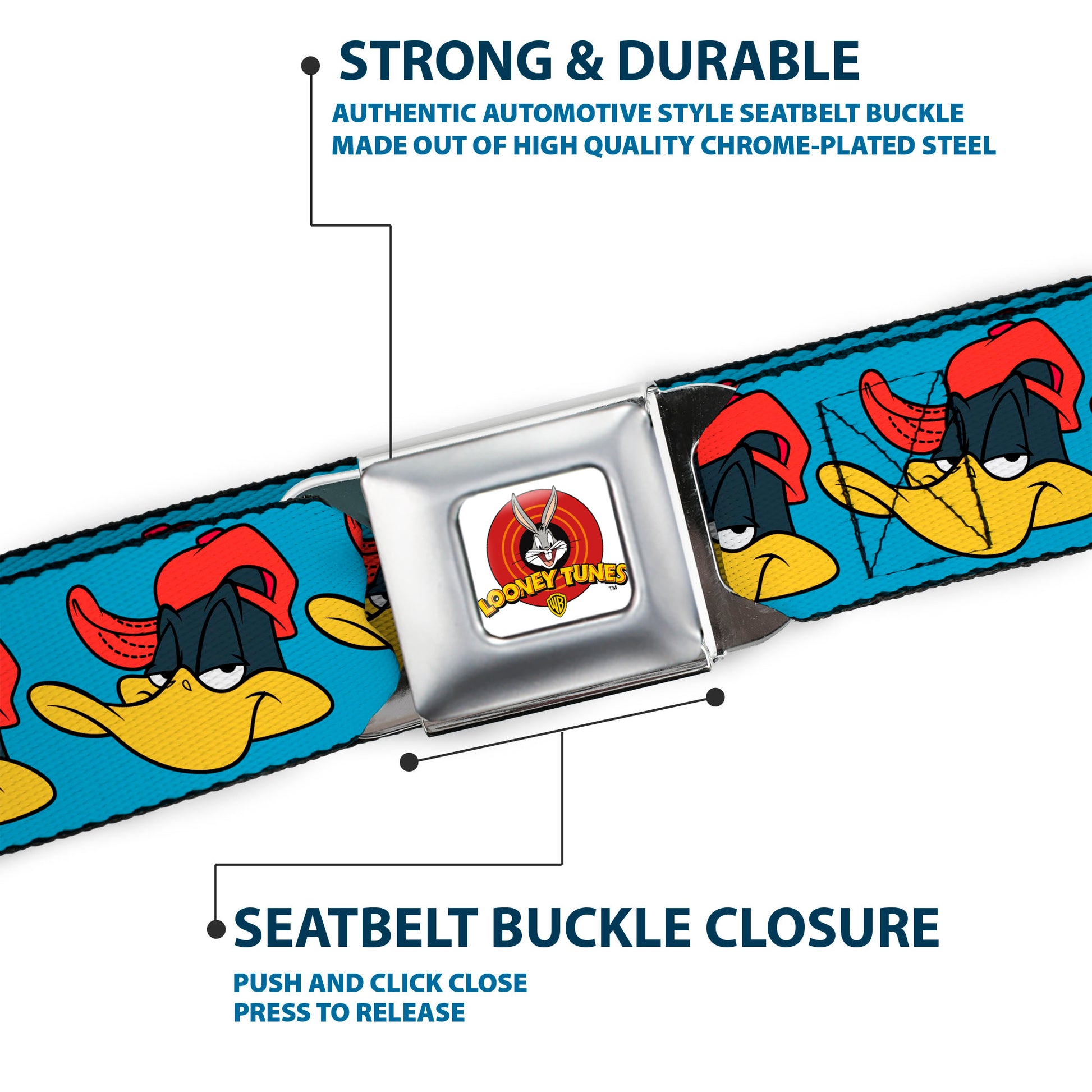Looney Tunes Logo Full Color White Seatbelt Belt - Daffy Duck Hip Hop Expression Turquoise Webbing Seatbelt Belts Looney Tunes