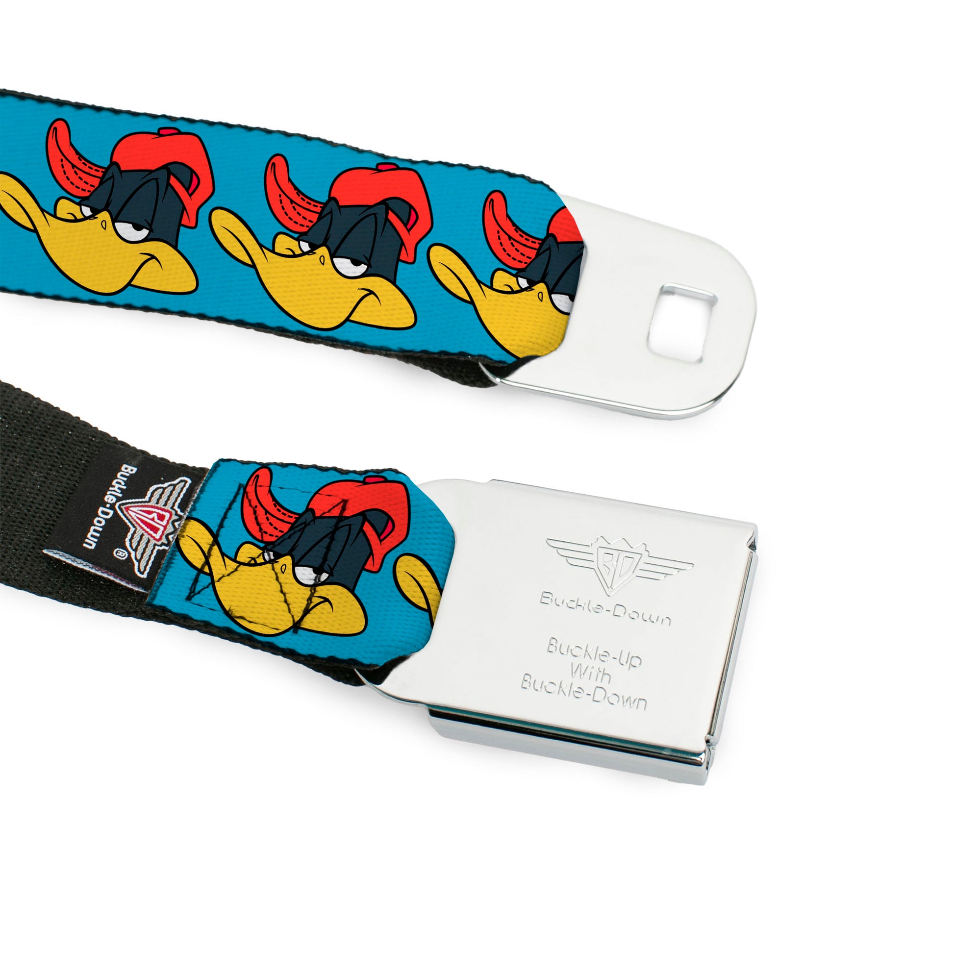 Looney Tunes Logo Full Color White Seatbelt Belt - Daffy Duck Hip Hop Expression Turquoise Webbing Seatbelt Belts Looney Tunes