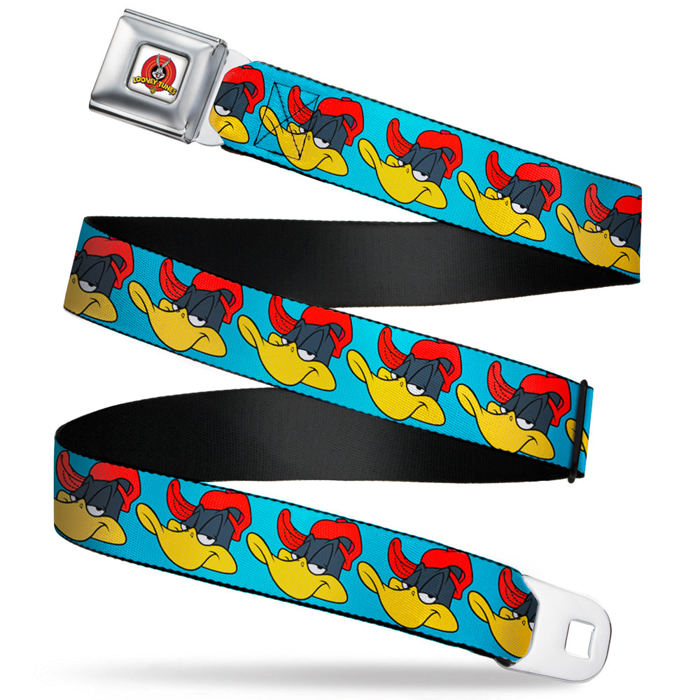Looney Tunes Logo Full Color White Seatbelt Belt - Daffy Duck Hip Hop Expression Turquoise Webbing Seatbelt Belts Looney Tunes