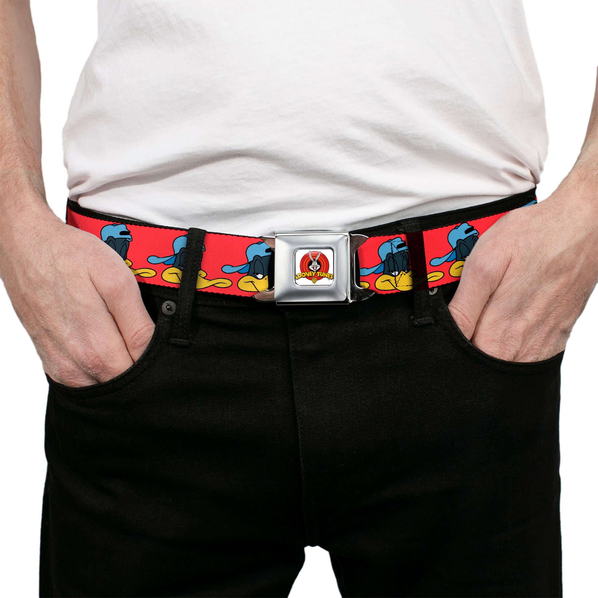 Looney Tunes Logo Full Color White Seatbelt Belt - Daffy Duck Hip Hop Expression2 Red Webbing Seatbelt Belts Looney Tunes