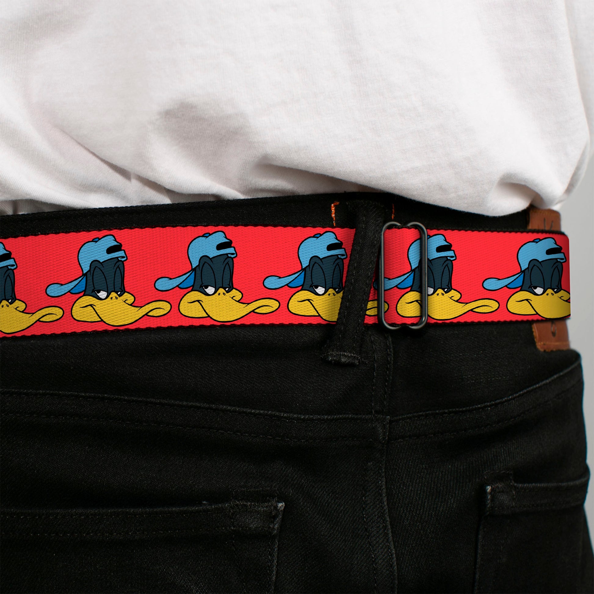Looney Tunes Logo Full Color White Seatbelt Belt - Daffy Duck Hip Hop Expression2 Red Webbing Seatbelt Belts Looney Tunes