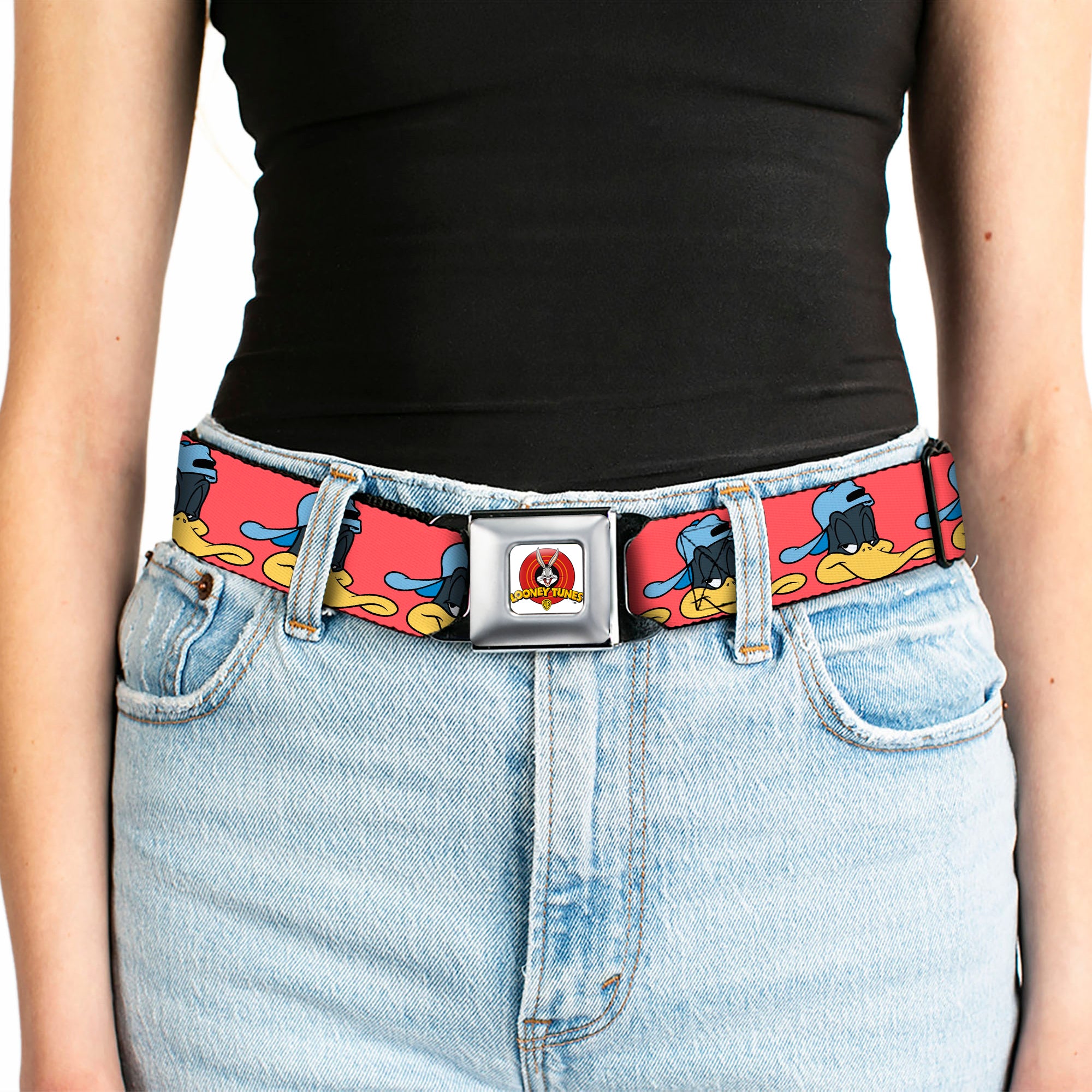 Looney Tunes Logo Full Color White Seatbelt Belt - Daffy Duck Hip Hop Expression2 Red Webbing Seatbelt Belts Looney Tunes
