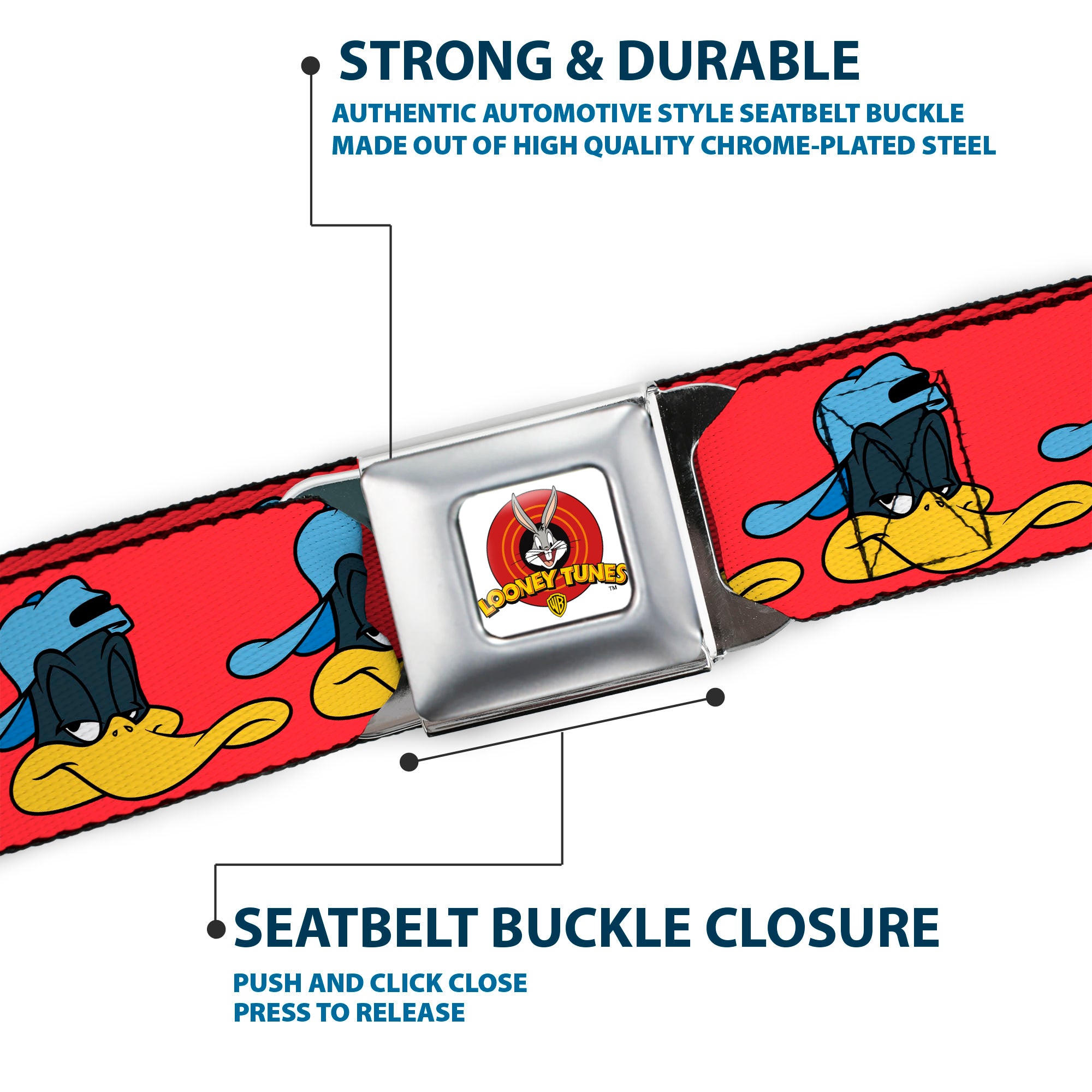 Looney Tunes Logo Full Color White Seatbelt Belt - Daffy Duck Hip Hop Expression2 Red Webbing Seatbelt Belts Looney Tunes