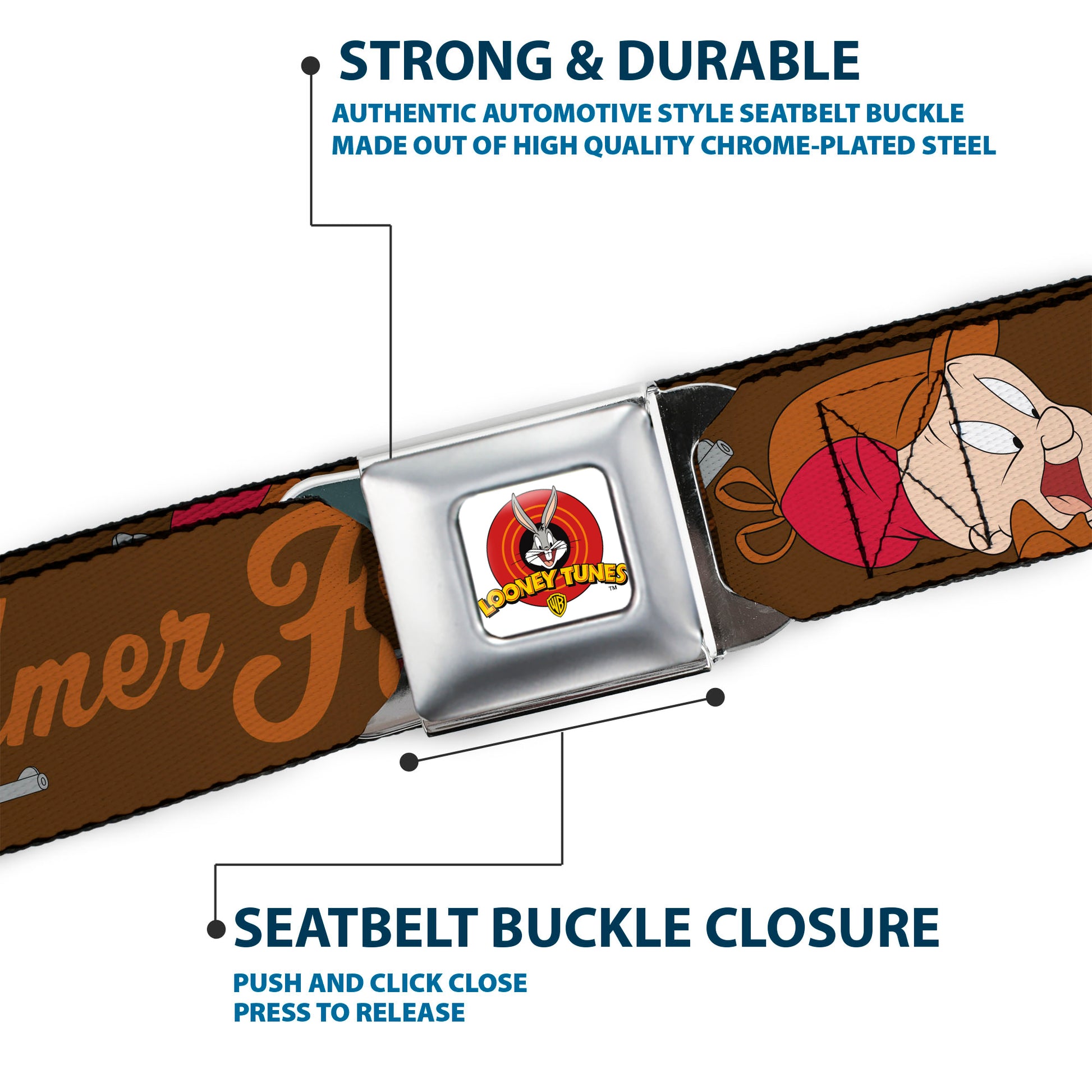 Looney Tunes Logo Full Color White Seatbelt Belt - ELMER FUDD w/Poses Browns Webbing Seatbelt Belts Looney Tunes