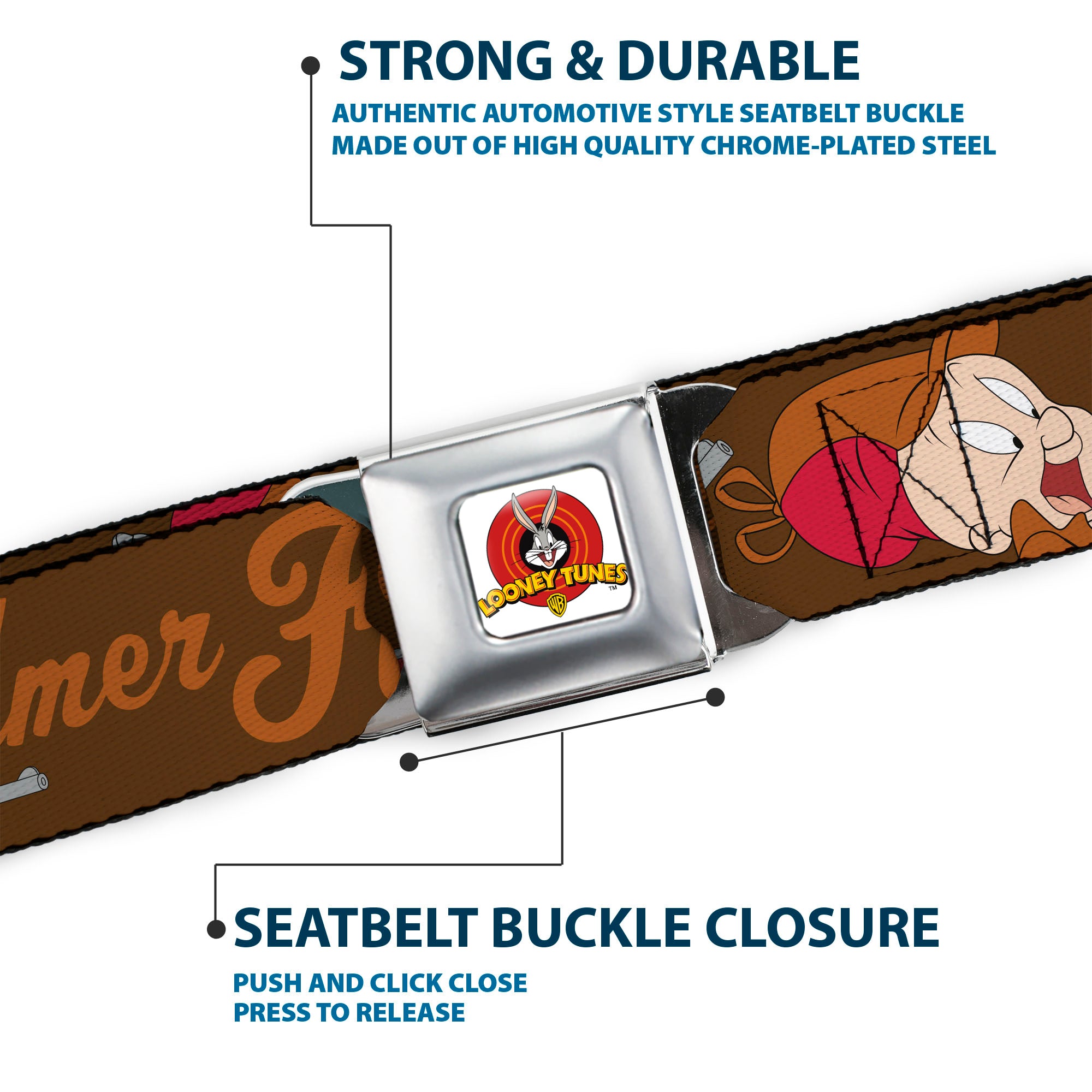 Looney Tunes Logo Full Color White Seatbelt Belt - ELMER FUDD w/Poses Browns Webbing Seatbelt Belts Looney Tunes