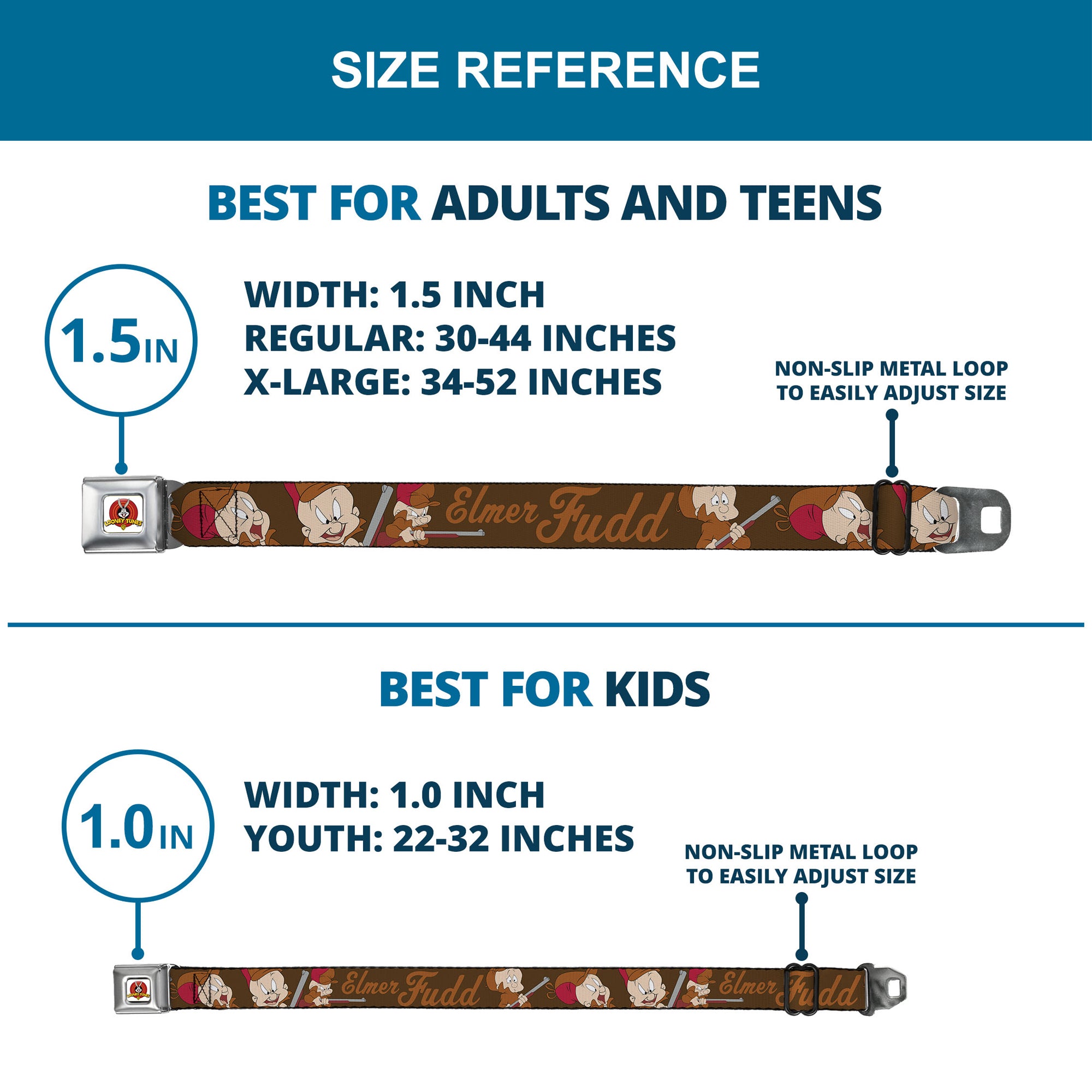 Looney Tunes Logo Full Color White Seatbelt Belt - ELMER FUDD w/Poses Browns Webbing Seatbelt Belts Looney Tunes