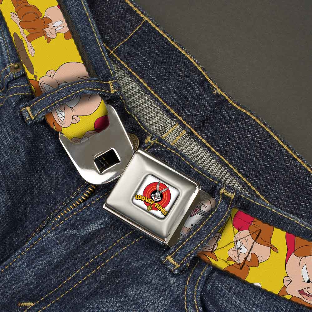 Looney Tunes Logo Full Color White Seatbelt Belt - Elmer Fudd Expressions Yellow Webbing Seatbelt Belts Looney Tunes
